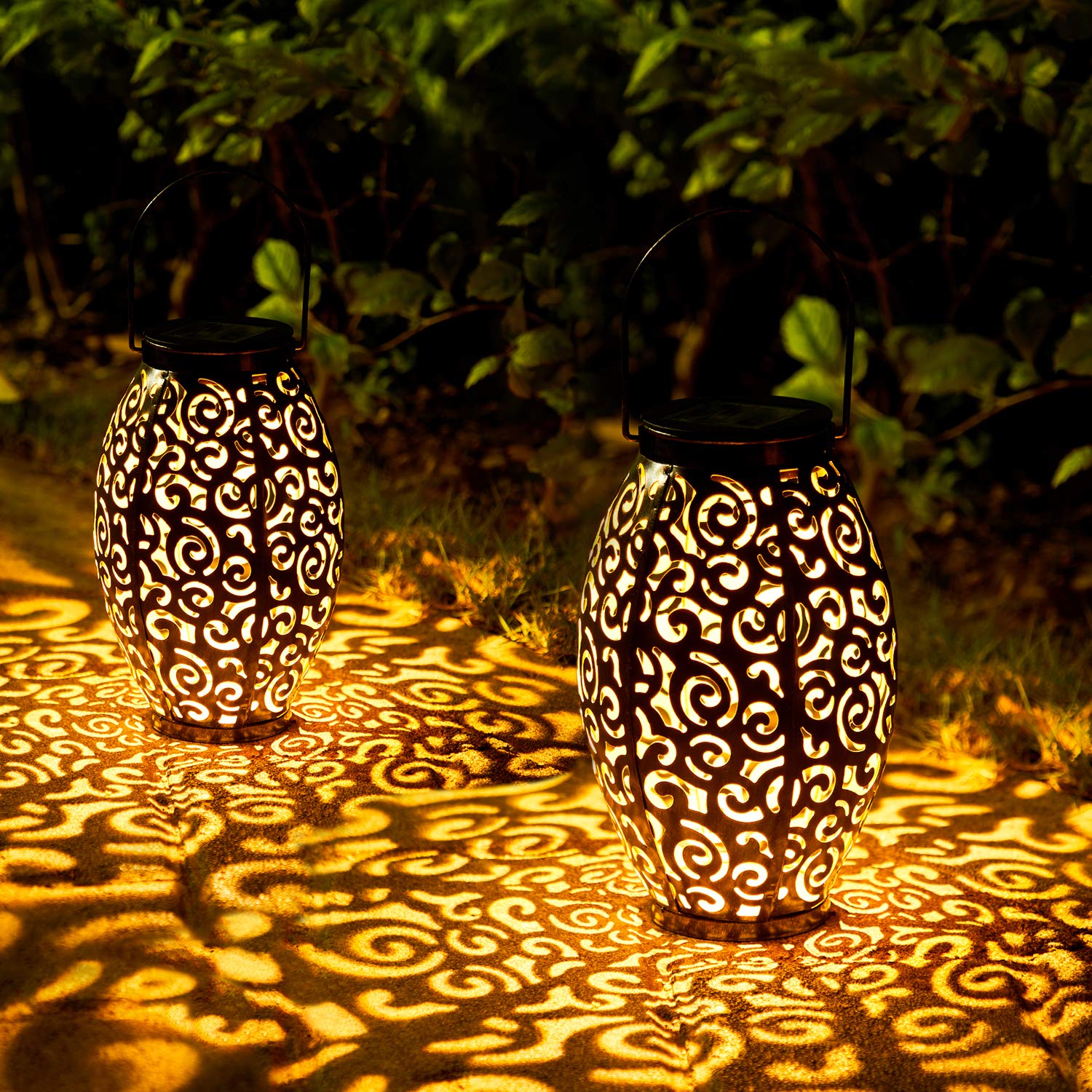 OxyLED Solar Lanterns Outdoor, Waterproof LED Hanging Lights, 2 Pack, Bronze Metal, Model WDSM017