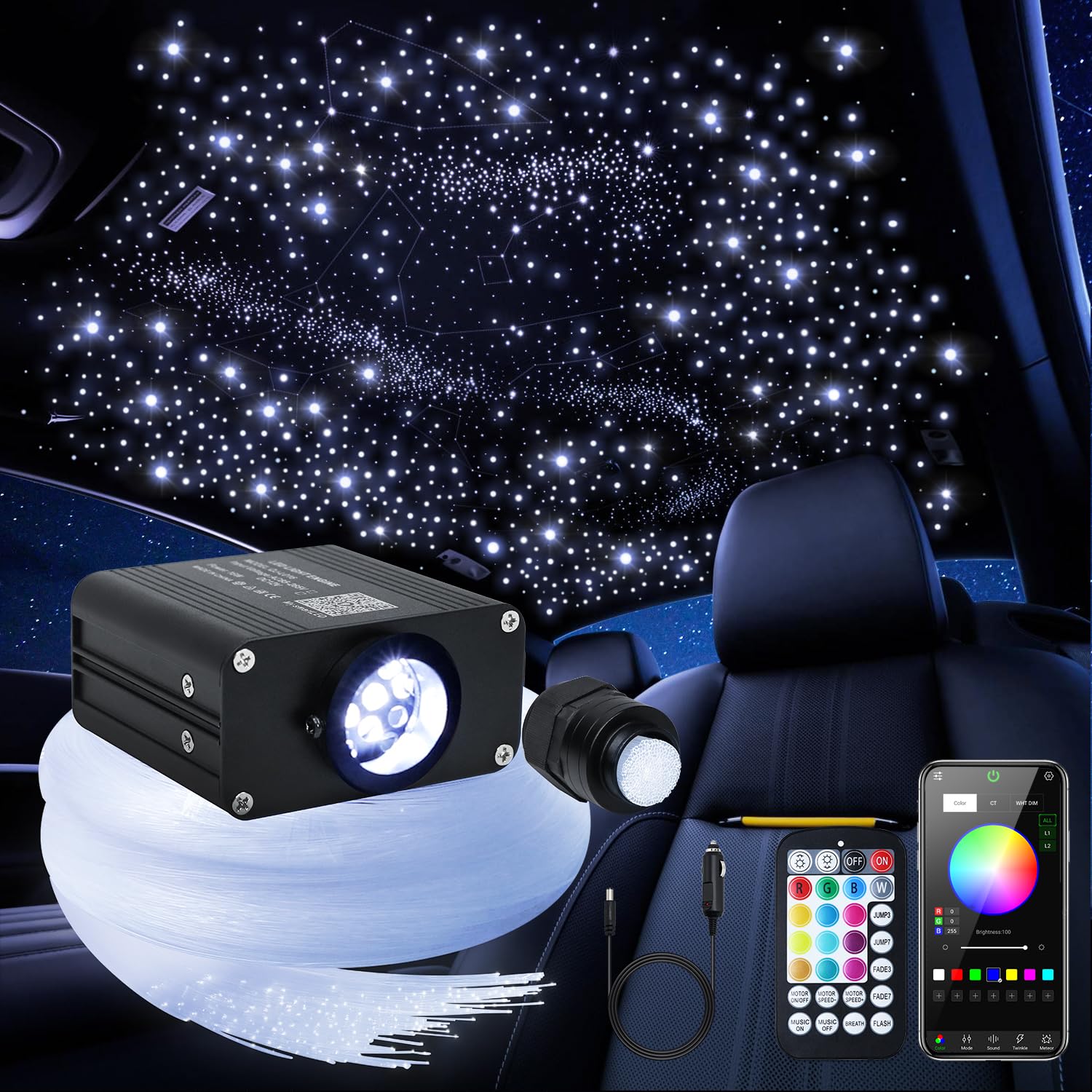 Car starlights Headliner kit, Twinkle & Sound Activate RGBW 16W Fiber Optic Lights with Bluetooth APP & Remote Control, 200 pcs*