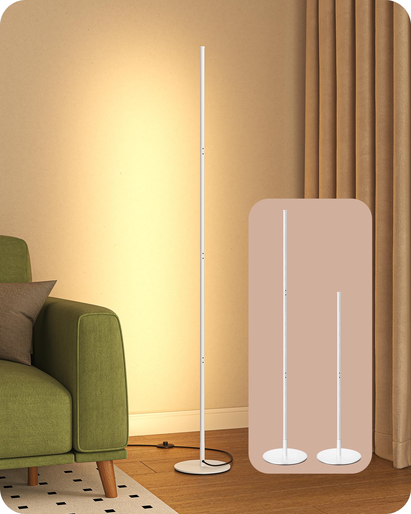 Edishine 57.5&quot; Led Corner Floor Lamp, Dimmable Adjustable Height, Warm White Light, White