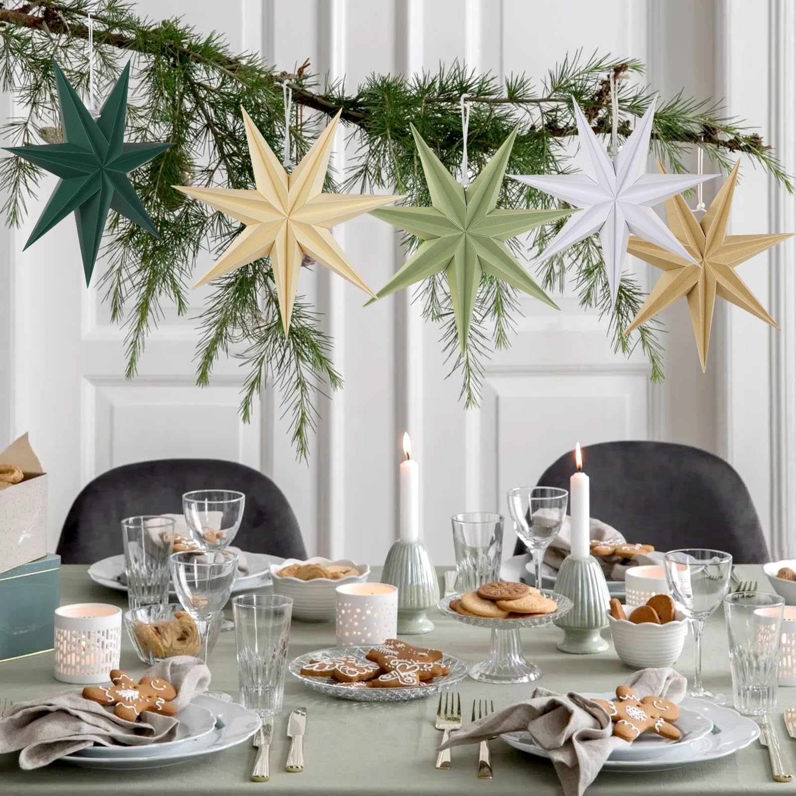 Sunbeauty Sage Green 7-Pointed 12 Inch Paper Star Lanterns Christmas Hanging Lamp Paper Decorations Shade Wedding Birthday Chris