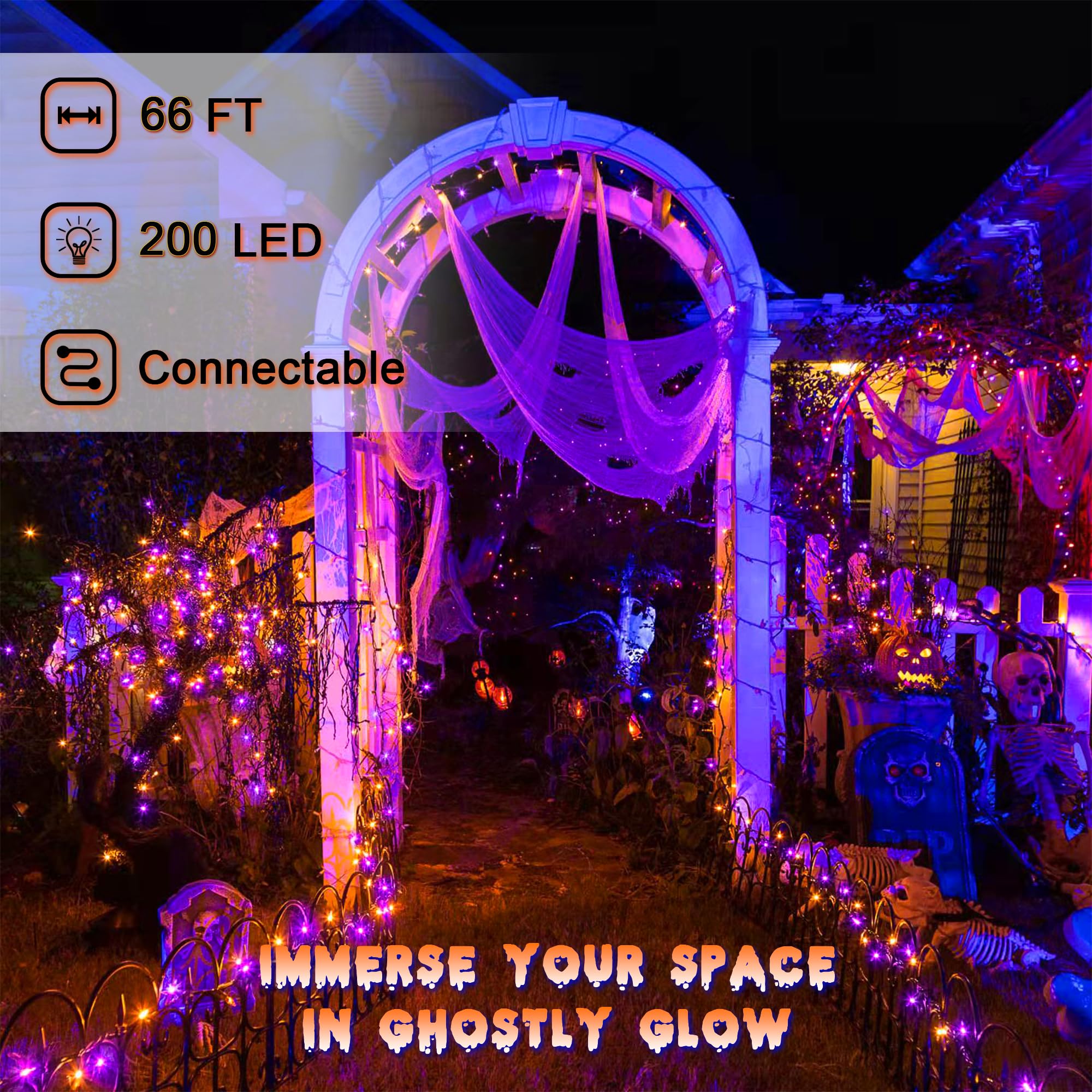 Halloween String Lights For Outside, 200 Led 66 Ft String Lights With 8 Lighting Modes & Timer, Indoor Outdoor Halloween Decorations For Patio Yard Fence Deck Balcony Garden Decor (Purple & Orange)
