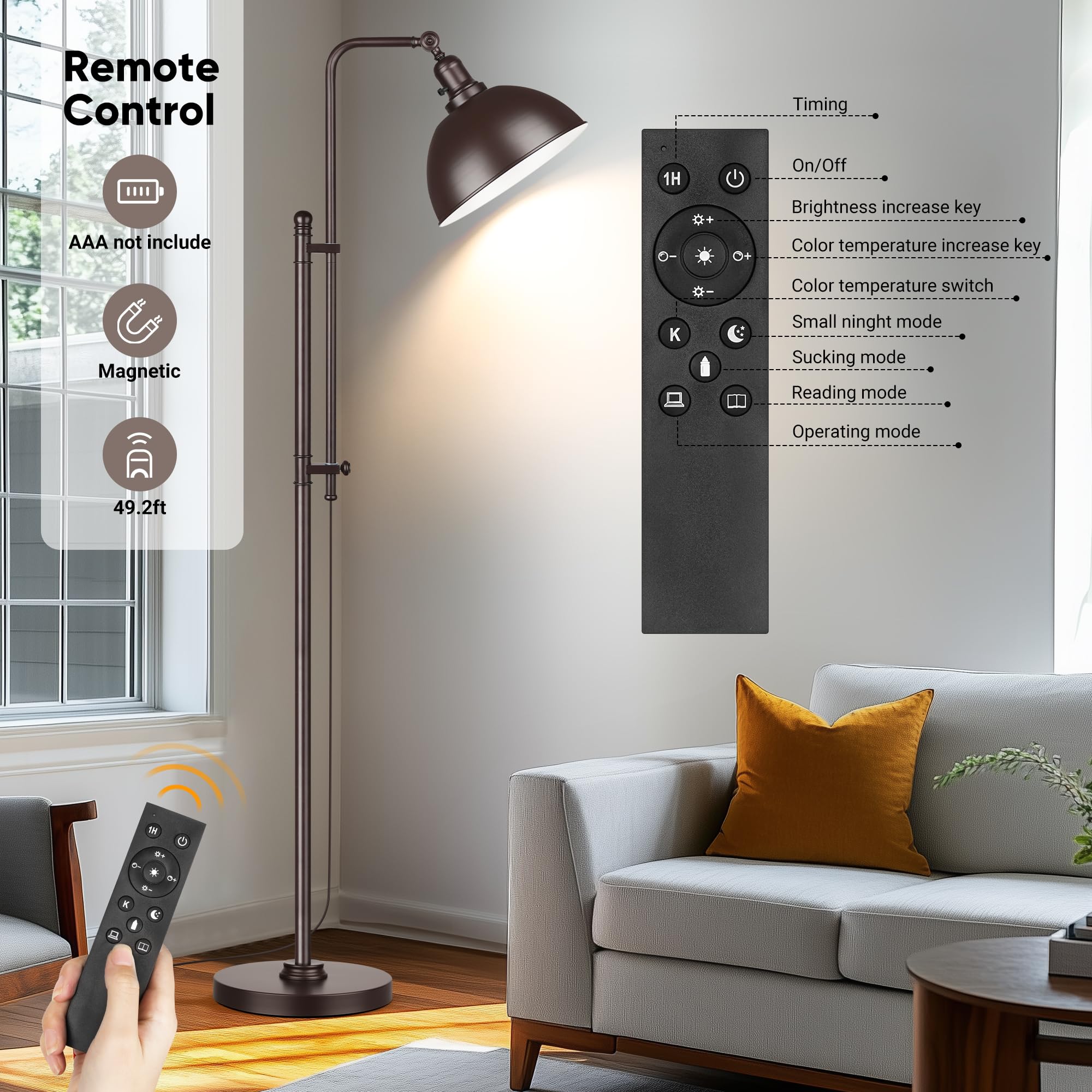 Partphoner Industrial Floor Lamp Adjustable, Rustic Farmhouse Reading Lamp In Aged Brown Finish Modern Standing Lamp With Remote