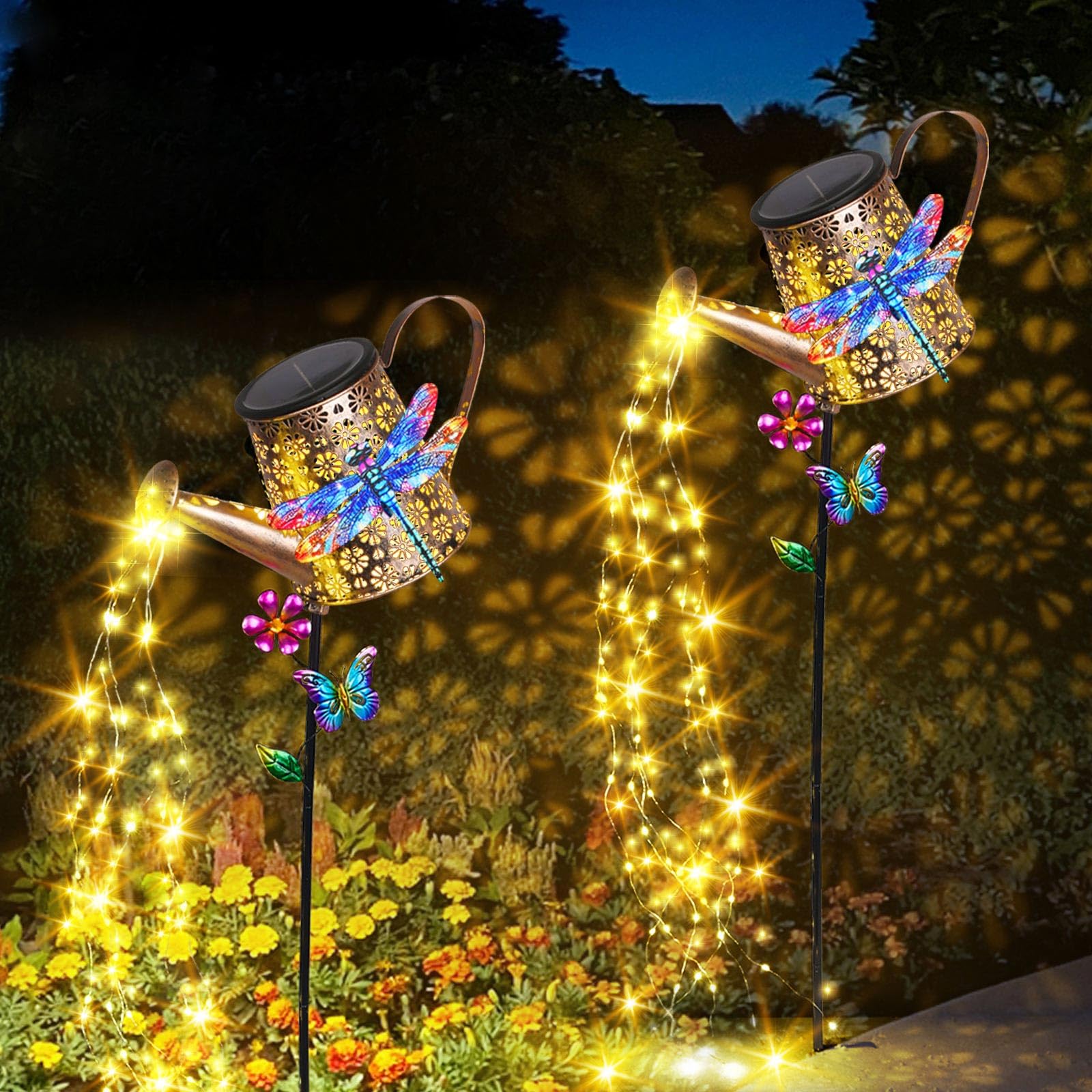 Solar Lights Outdoor Decorative, 39.4'' Metal Solar Watering Can Lights With Dragonfly, Waterproof Garden Stake Lights For Yard