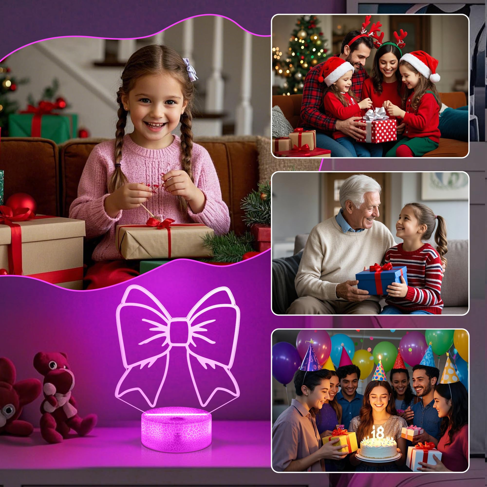 OkiyiD Cheerleader Gifts for Girl, Cheer Bows Night Light 3D Illusion Lamp with 16 Colors Changing Remote Control, Cheerleading