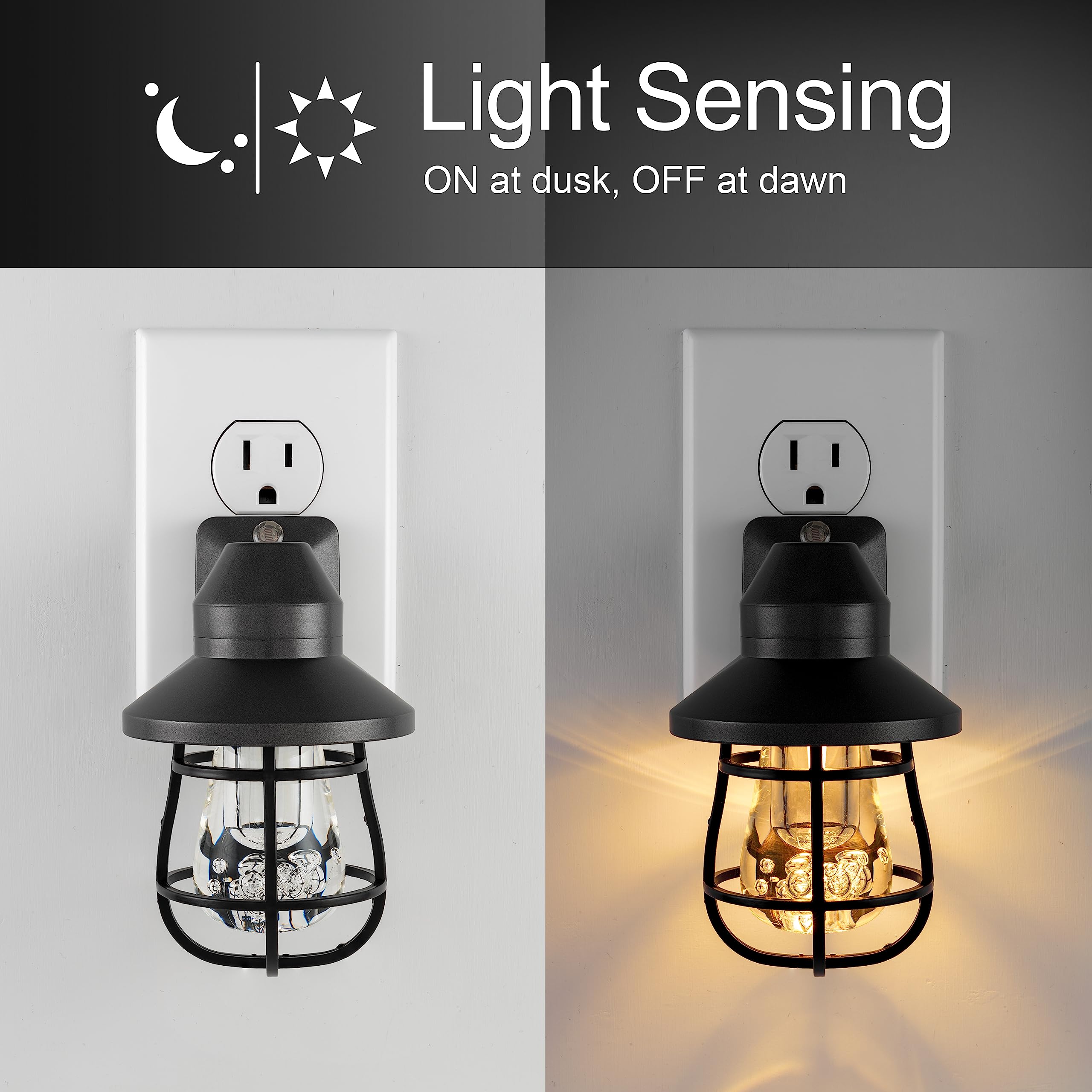 GE Vintage LED Night Light, Dusk to Dawn Sensor, 2 Pack, Black, Plastic, Model 38628, Ideal for Bedroom, Bathroom, Kitchen, Hallway