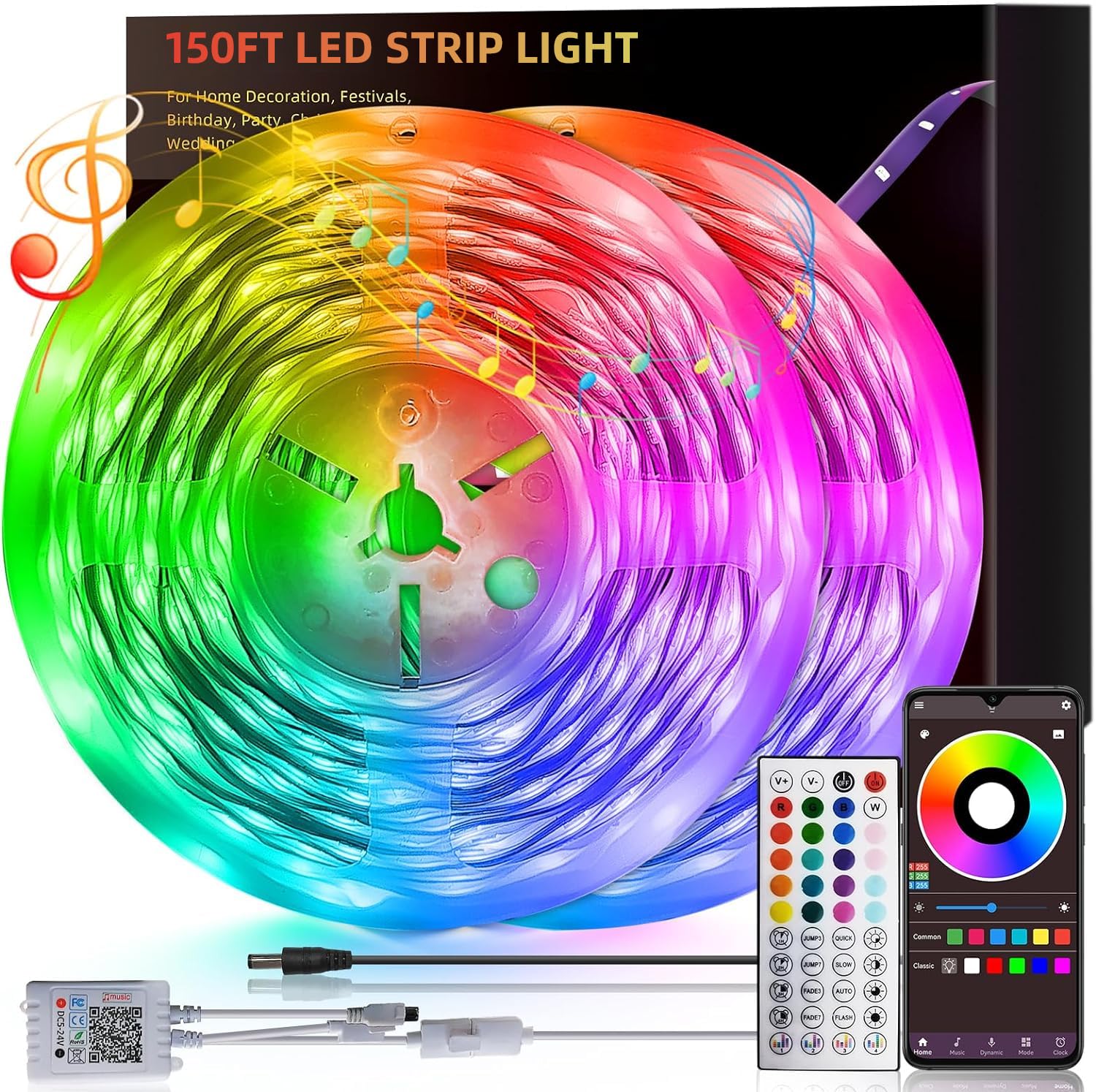 150ft Led Lights For Bedroom (2 Rolls of 75ft), Led Strip Lights Music Sync Color Changing, Led Light Strip With Remote & App Co