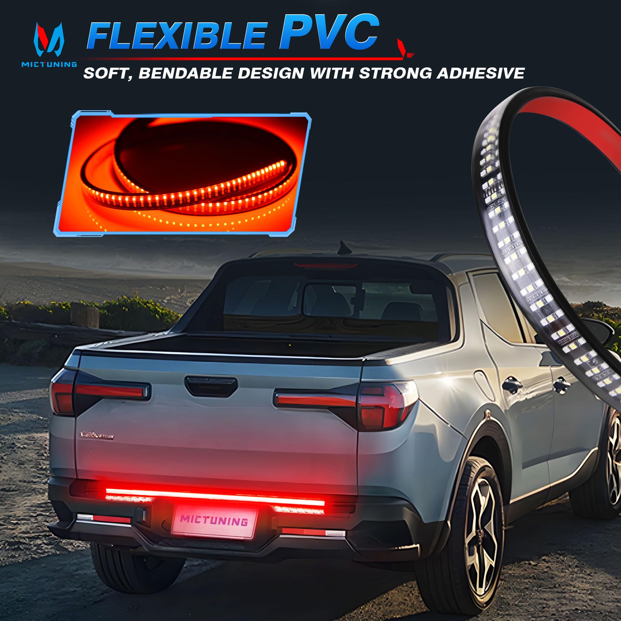 MICTUNING 48" Truck Tailgate Light Strip - Red LED, IP67 Waterproof, Sequential Turn Signal, Strobe & White Reverse Lighting