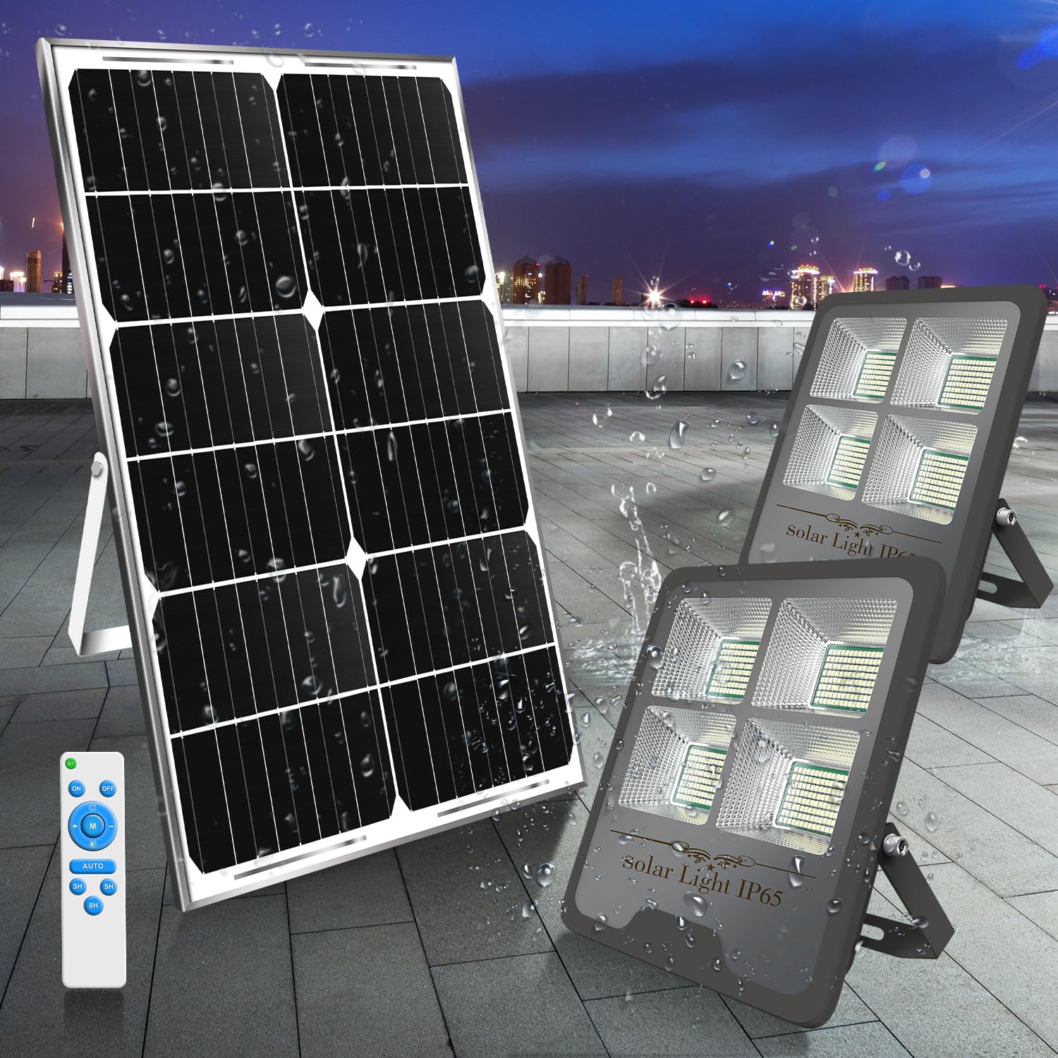 Gebosun Black 2-Pack 300W Led Solar Flood Light, Remote Controlled, Dusk To Dawn, 30,000Lumen, 6000K, Ip65 Waterproof For Shed B