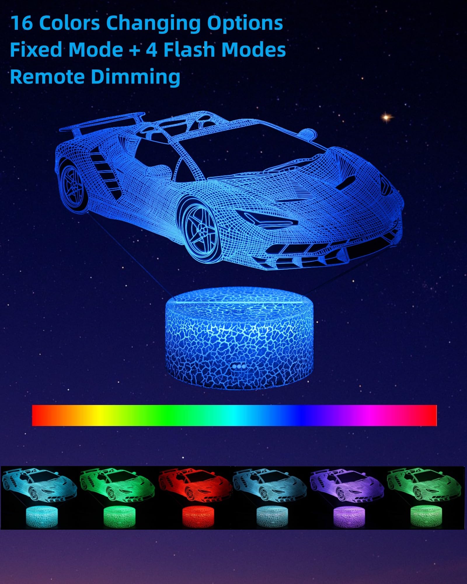 Kenmaca Car Monster Truck Plane Night Light for Boys Bedroom, 3D Illusion Lamp 3 Patterns 16 Colors Changing Dimmable Room Decor