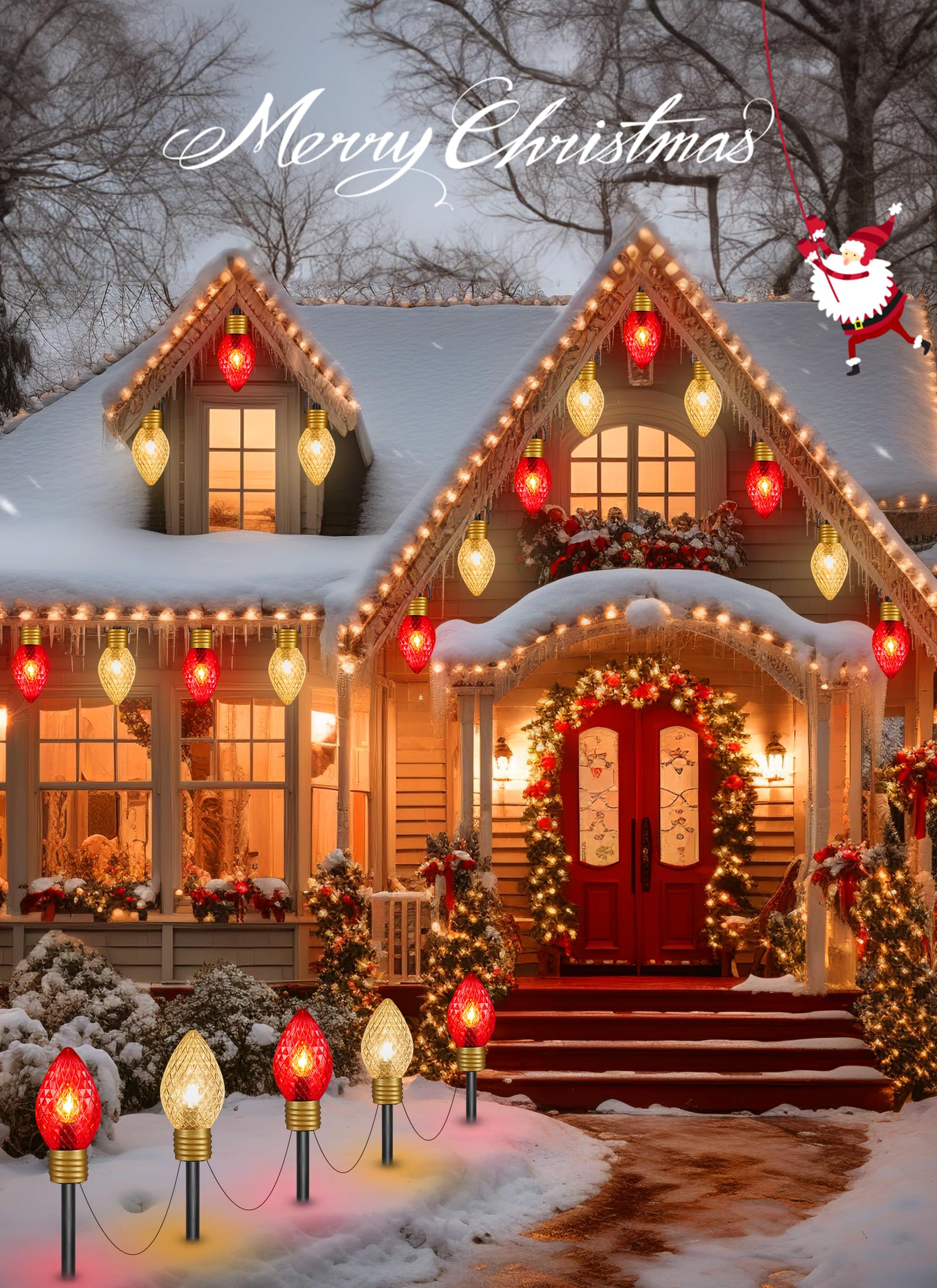 Moonflor C9 Christmas Pathway Lights - 2 Pack, 17FT, 10 LED, Red & Warm White, Outdoor Holiday Decoration