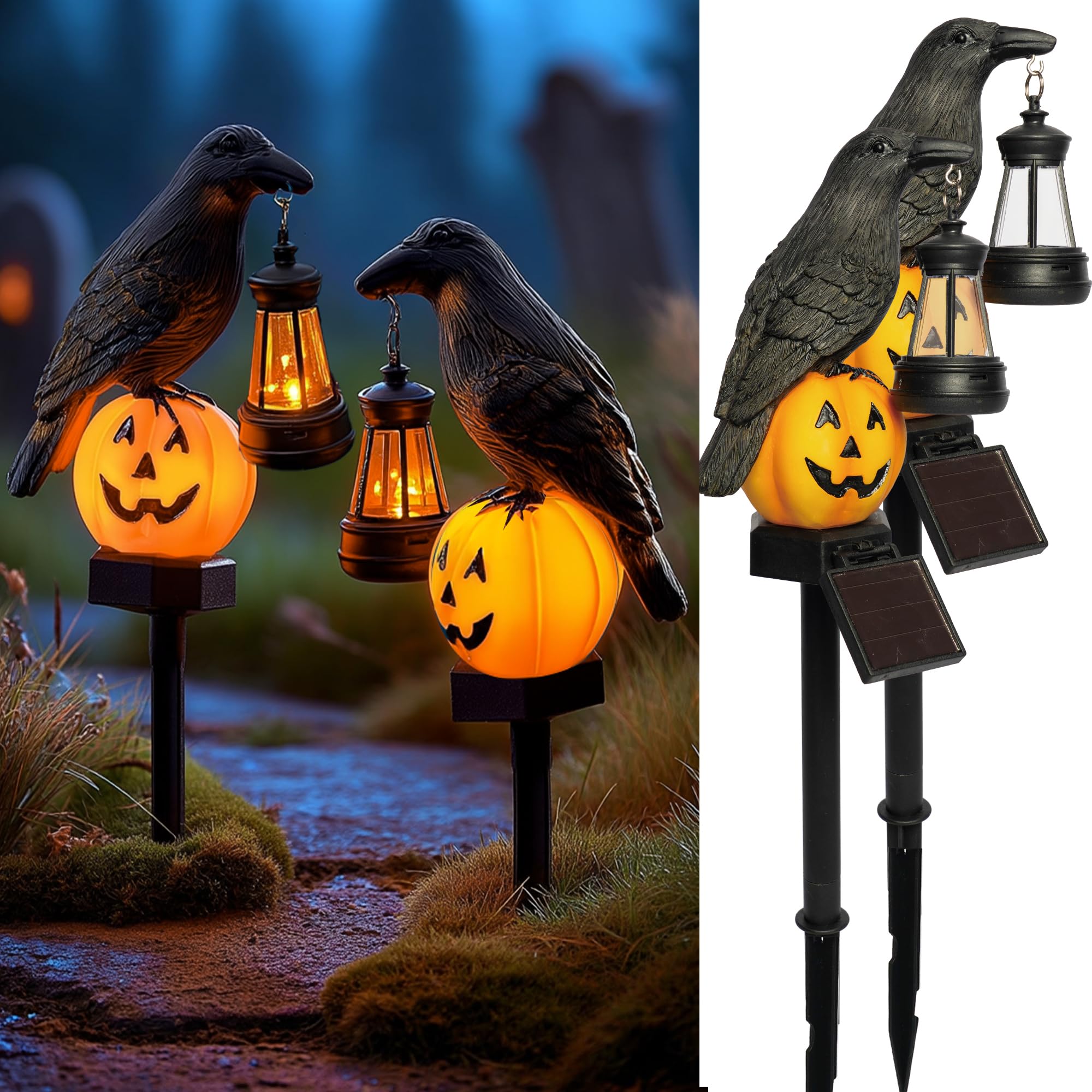 Dazzle Bright 2 Pack Halloween Crow Pathway Lights Outdoor  Solar Powered Resin Crow With Pumpkin Walkway Lights  Stake Light For Halloween Pathway Garden Lawn Yard Gifts Decoration