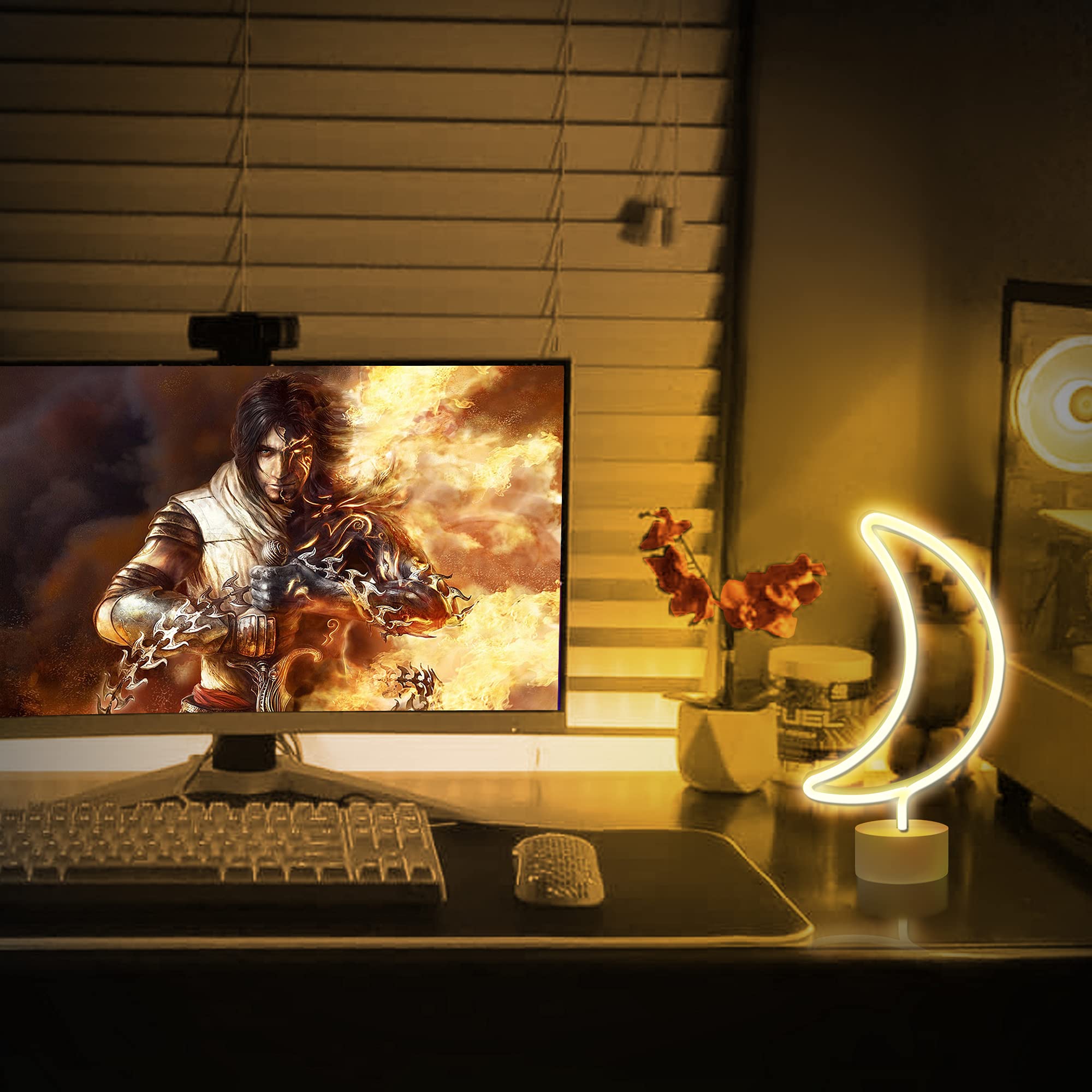 Lumoonosity Moon Neon Sign - Battery/Usb Powered Half-Moon Neon Light For Bedroom, Desk, Table Decorations - Warm White Cute Led