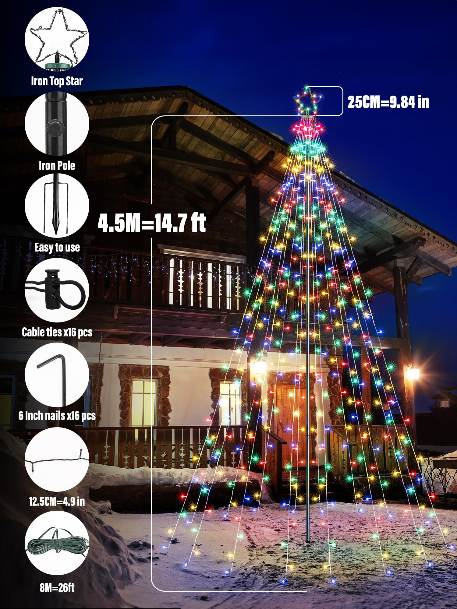 Flacchi Christmas Decorations Outdoor Star String Lights - 16 Ft Pole Set With Remote, Multiple Lighting Modes Timer Waterproof