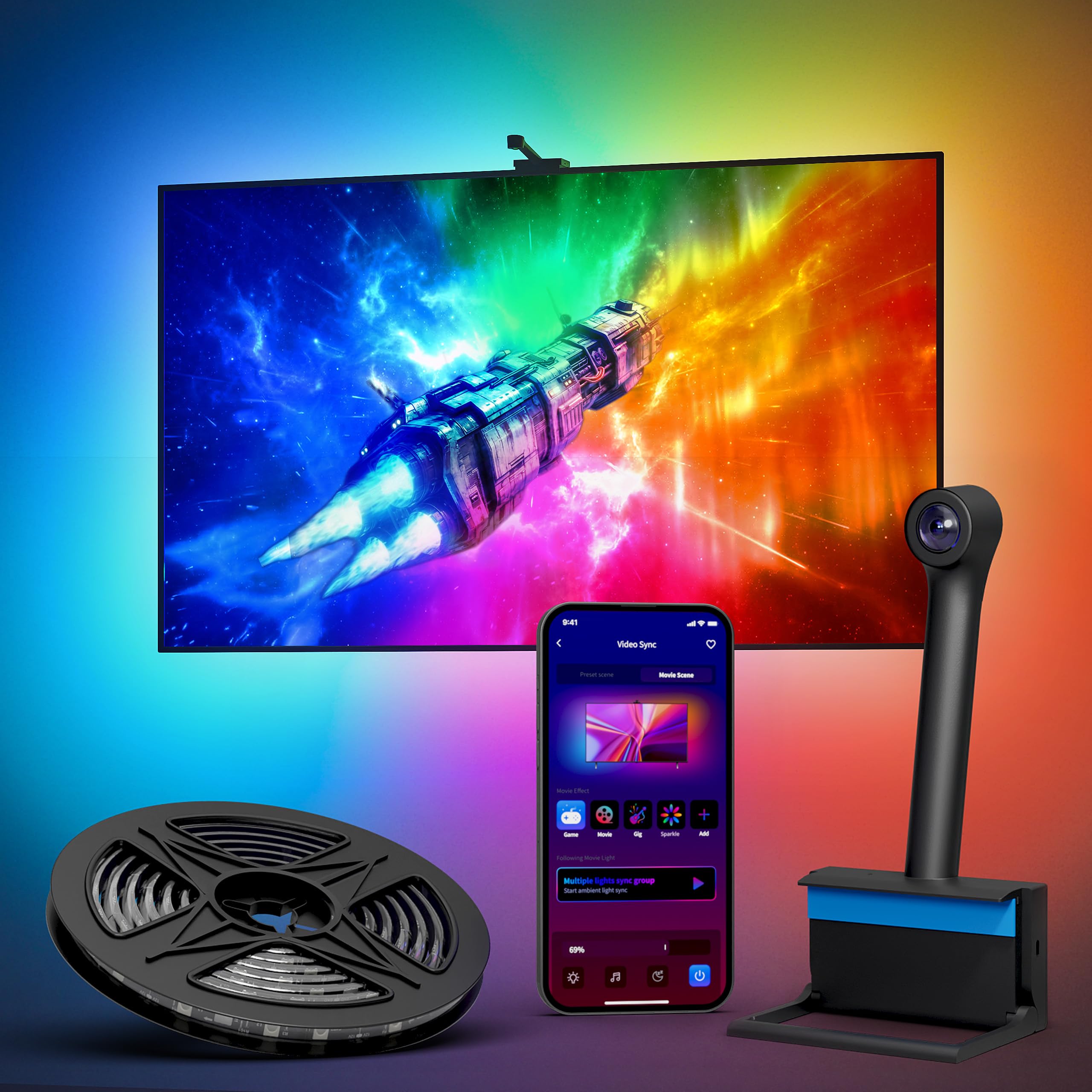 Ailofy TV LED Backlight with HD Wide-Angle Camera for 55-65 Inch TVs  Full-Screen Color Sync Lights for Gaming  Movies & Streaming  App Control  Works with Alexa & Google Assistant