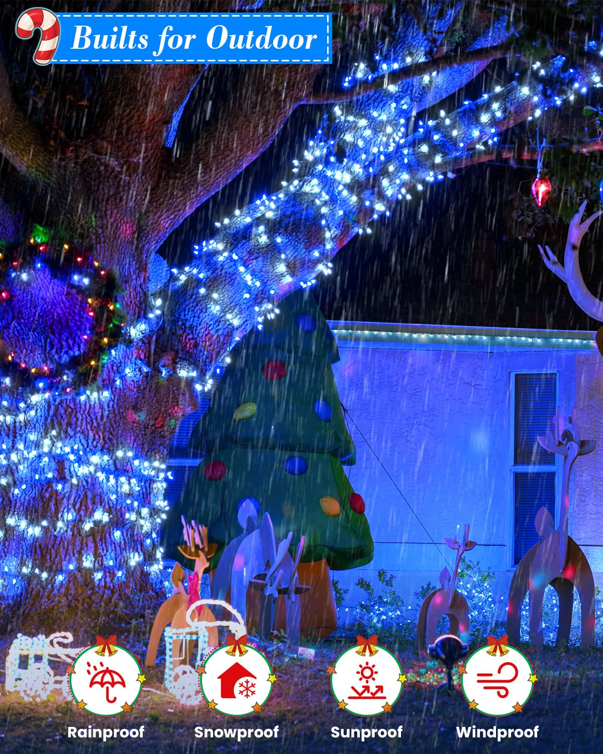 Jixxulvu Blue White Christmas Lights Outdoor Total 710Ft 1800 Led Extra Long String Lights Waterproof  Timer & Memory  8 Modes Dimmable Plug In Fairy For Outside Tree Wedding Patry