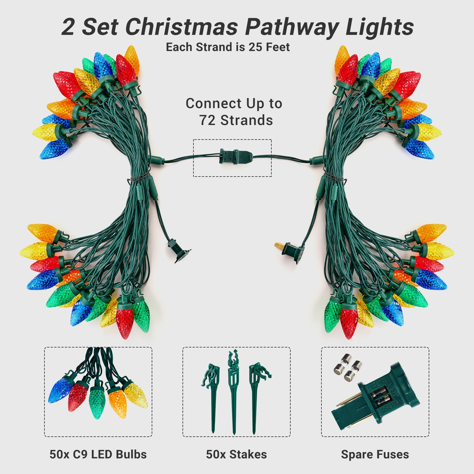 Suraielec 2 Pack Christmas Pathway Lights Outdoor, Total 50Ft 50 Led C9 Christmas Lights With Stakes, Connectable Ground Lights