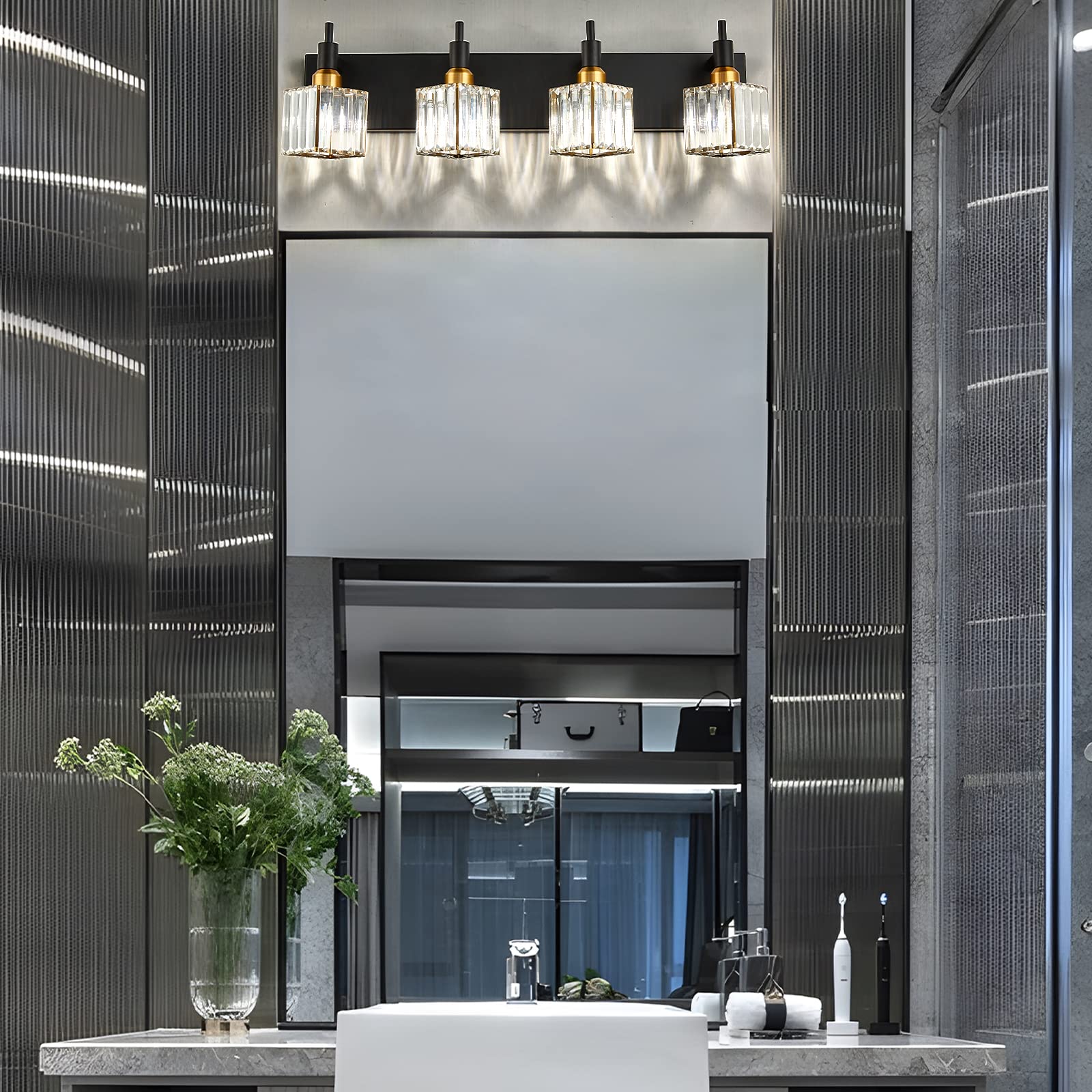 Huoku Gold Black Crystal Bathroom Lighting Fixtures, 4 Light Modern Crystal Vanity Lights Over Mirror