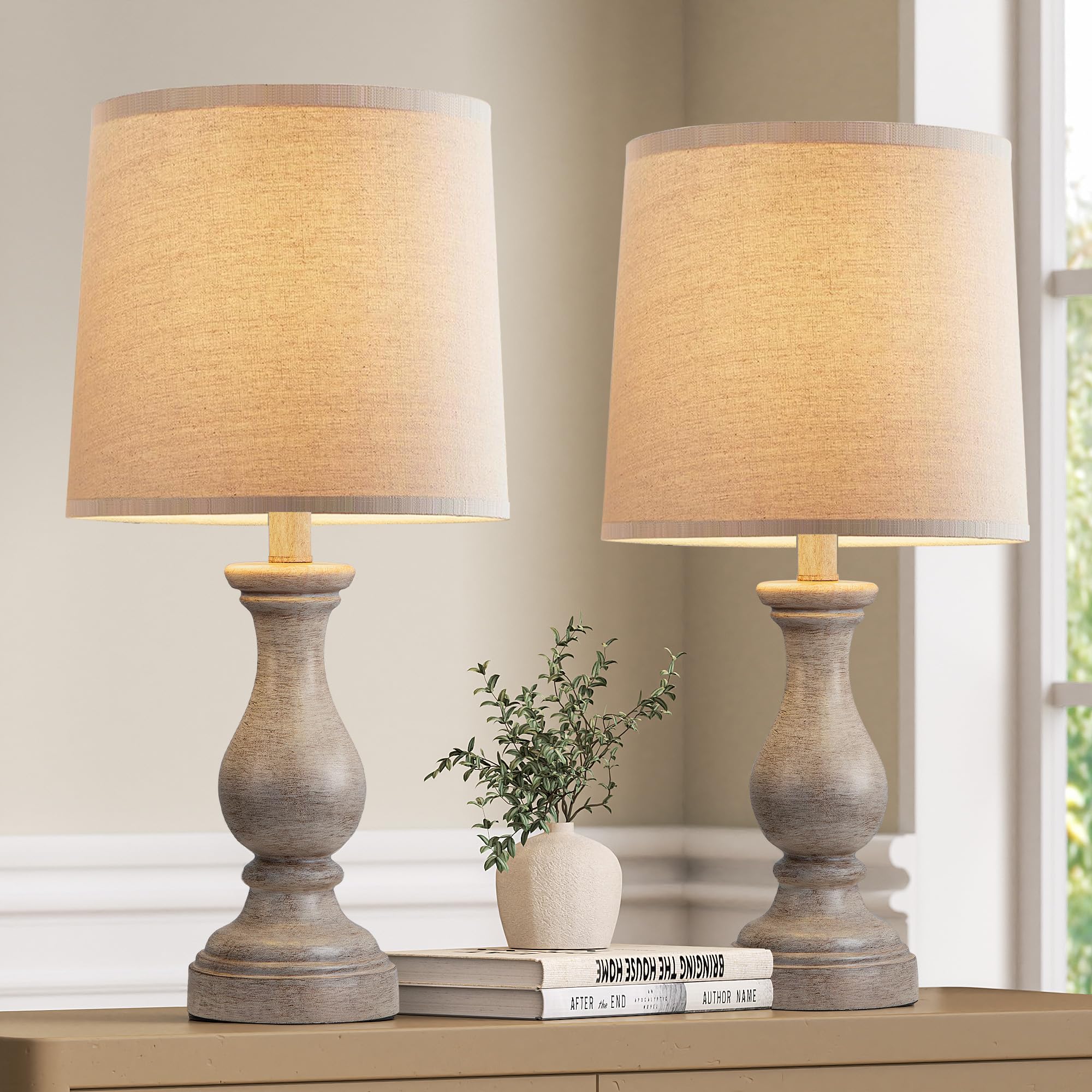Seealle Farmhouse Table Lamps Set of 2 - Rustic Lamp for Bedroom Living Room  22 Boho Bedside Lamps for Night Stands End Table Office Desk Lamp Nightstand with Linen Shades(Wood Discomfortted)