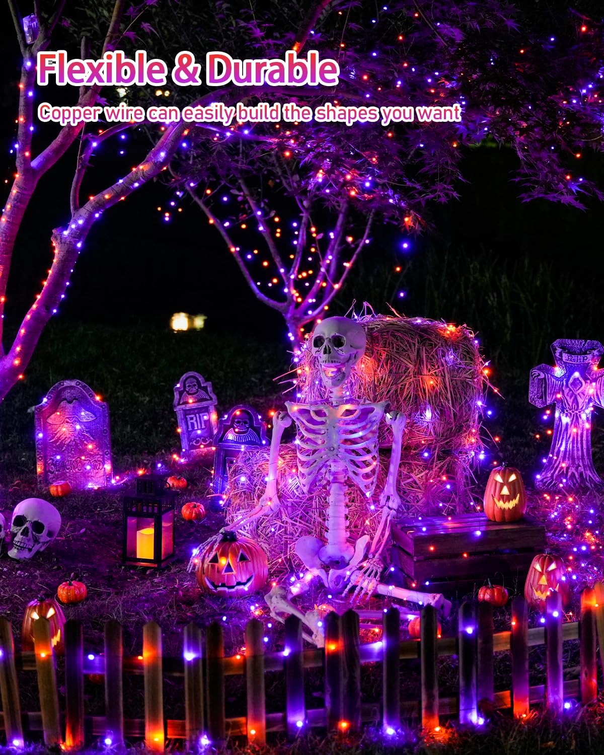 JMEXSUSS Solar Halloween String Lights, 2 Pack 33FT 100 LED, Orange to Purple, 8 Modes for Outdoor Decorations