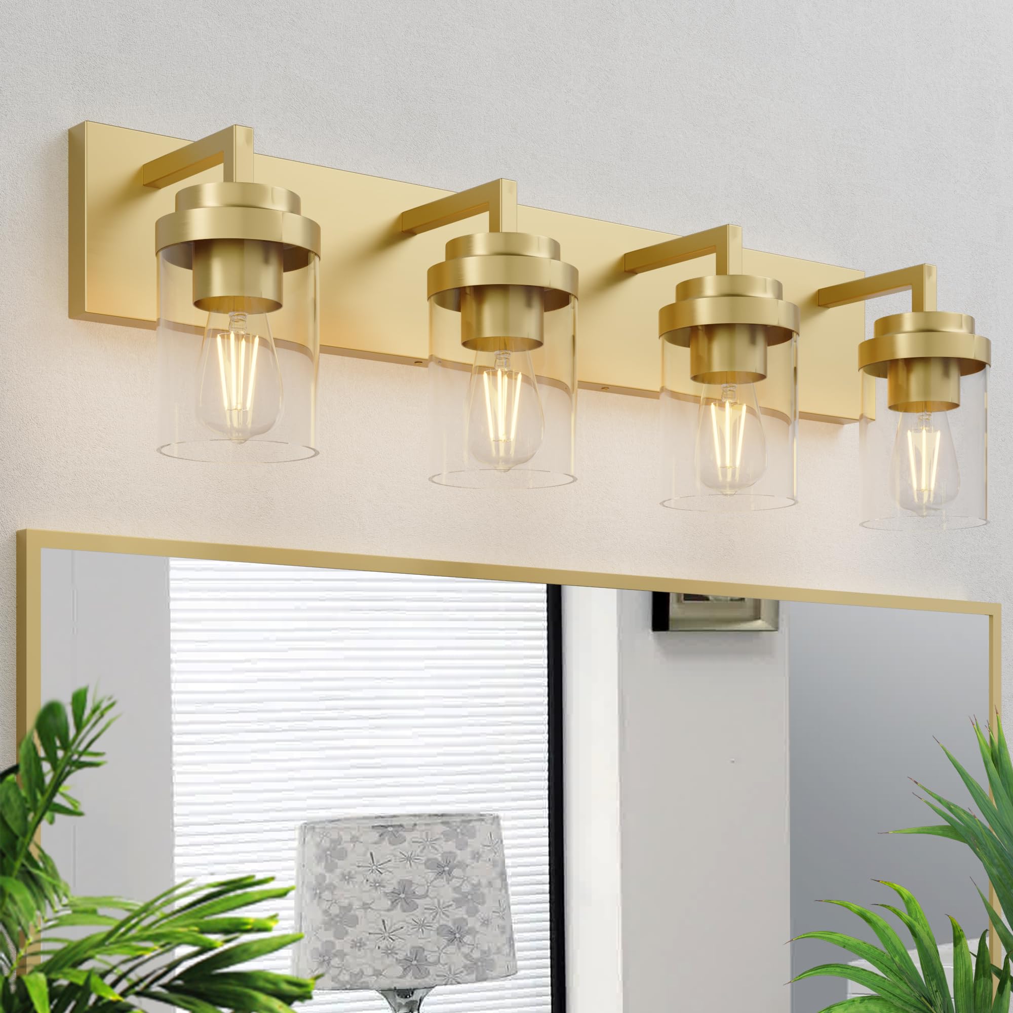 Espird Bathroom Vanity Light, 4-Light Brass Fixture with Glass Shades, Model L08-4-TONG