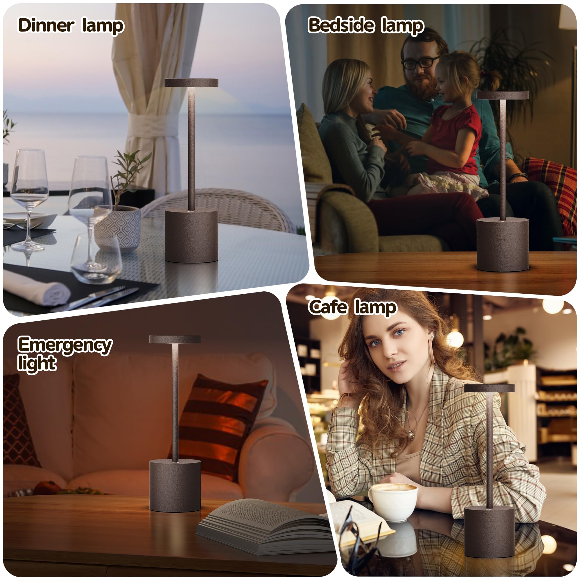 YIBEN Cordless Table Lamp 2Pack Rechargeable LED 5000mAh Metal USB 10.25in Ferruginous S801-B