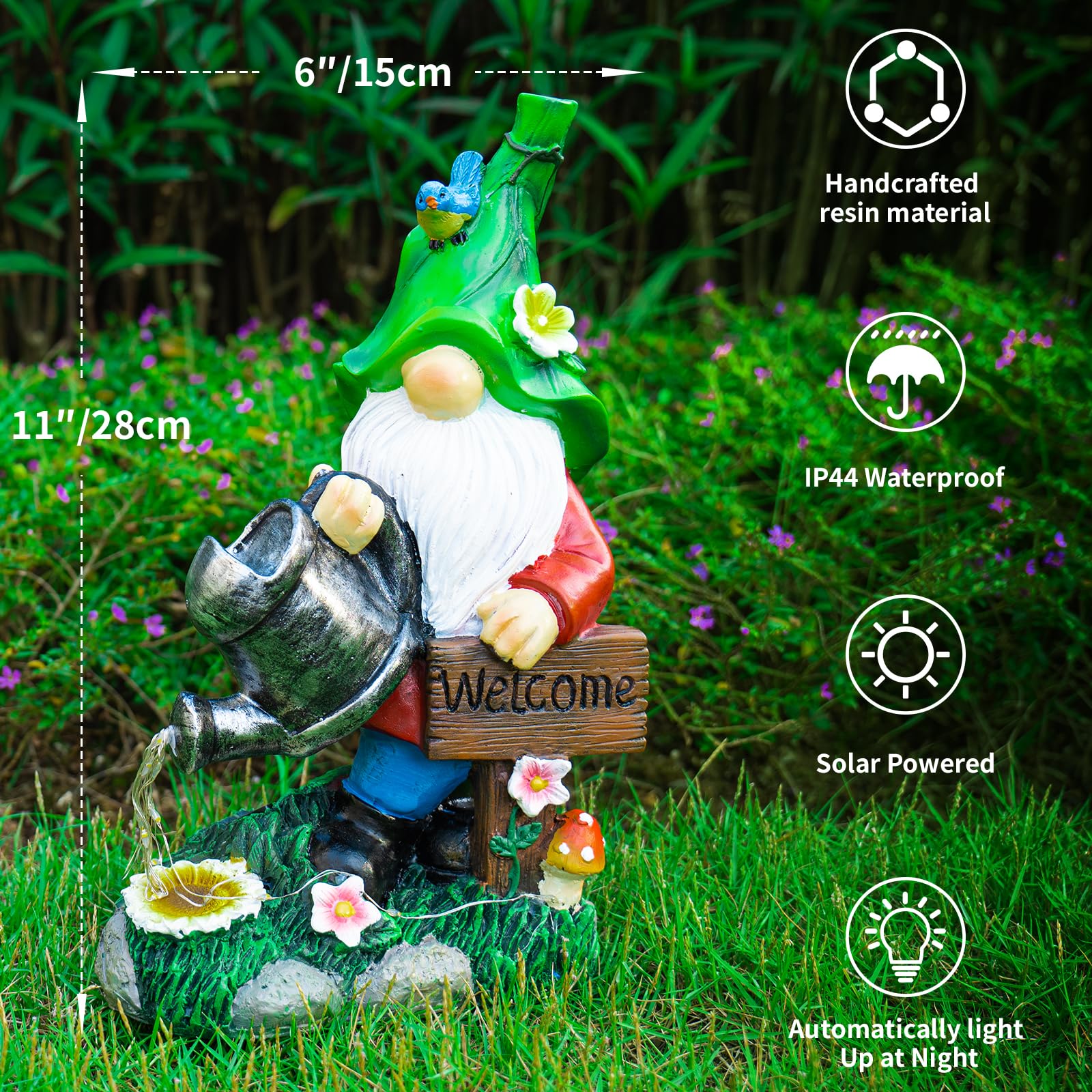 Mopha Garden Gnomes With Watering Can Solar Lights - Resin Outdoor Decor For Patio & Yard