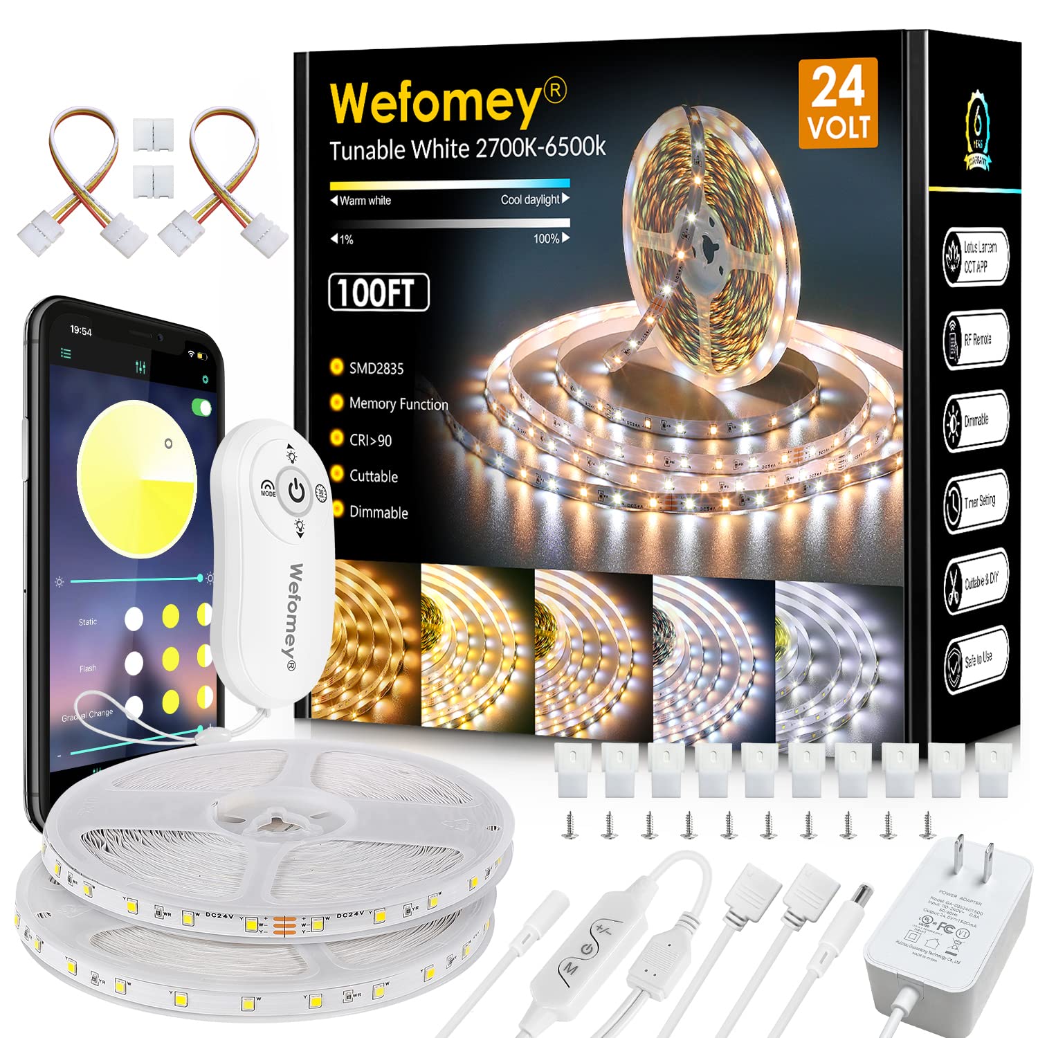 Wefomey White Led Strip Lights, 100Ft Dimmable Bright 24V Led Tape Light With Remote And App Control, 2700K-6500K White 1800 Led