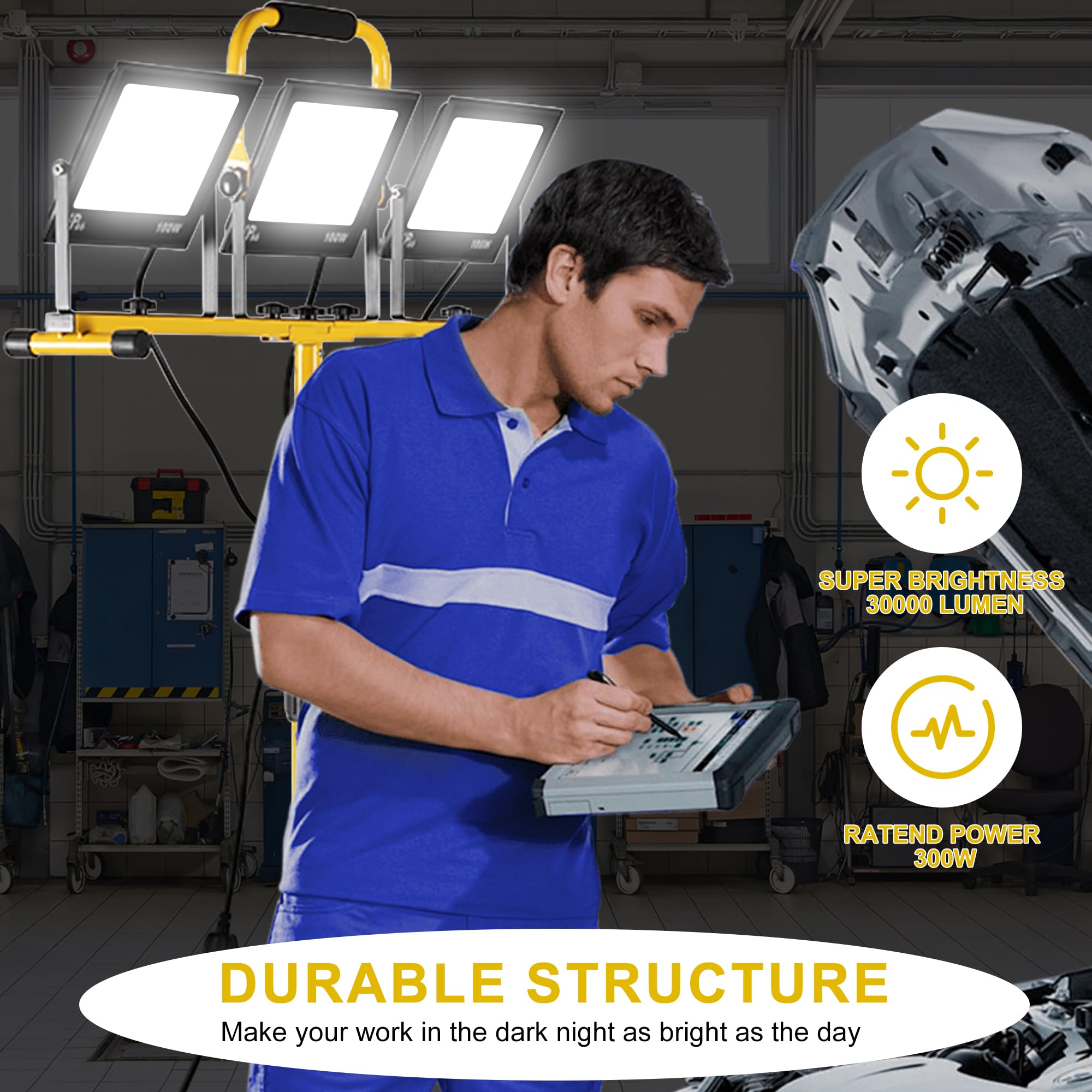 30000 Lumen Work Lights With Stand, 3 Adjustable Head Led Work Light, With Adjustable And Foldable Tripod Stand, Waterproof Lamp