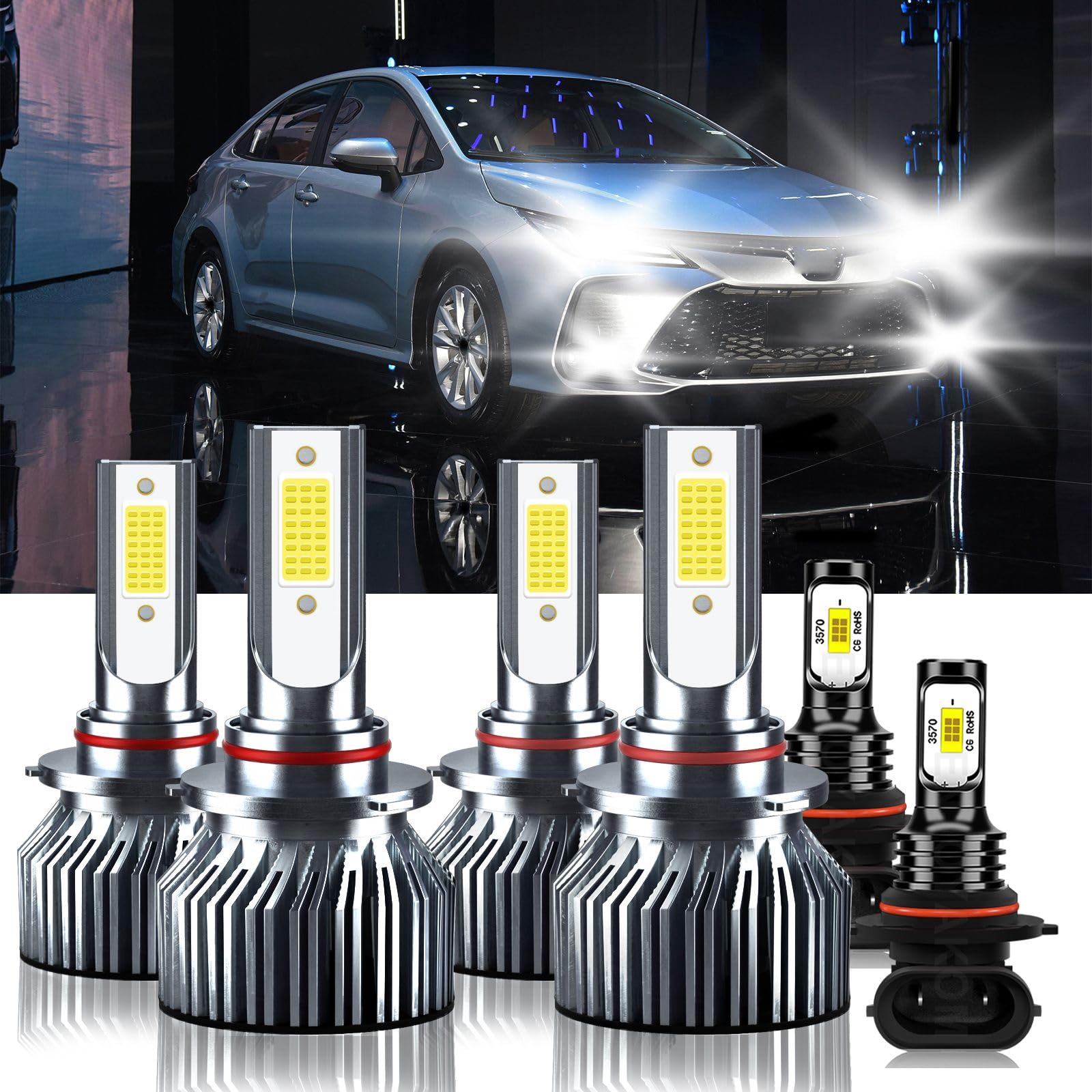 TXBILMOO 9005 9006 High/Low Beam Fog Light Bulbs, 32000LM Brightness, 6500K White, Aluminum, Pack of 6
