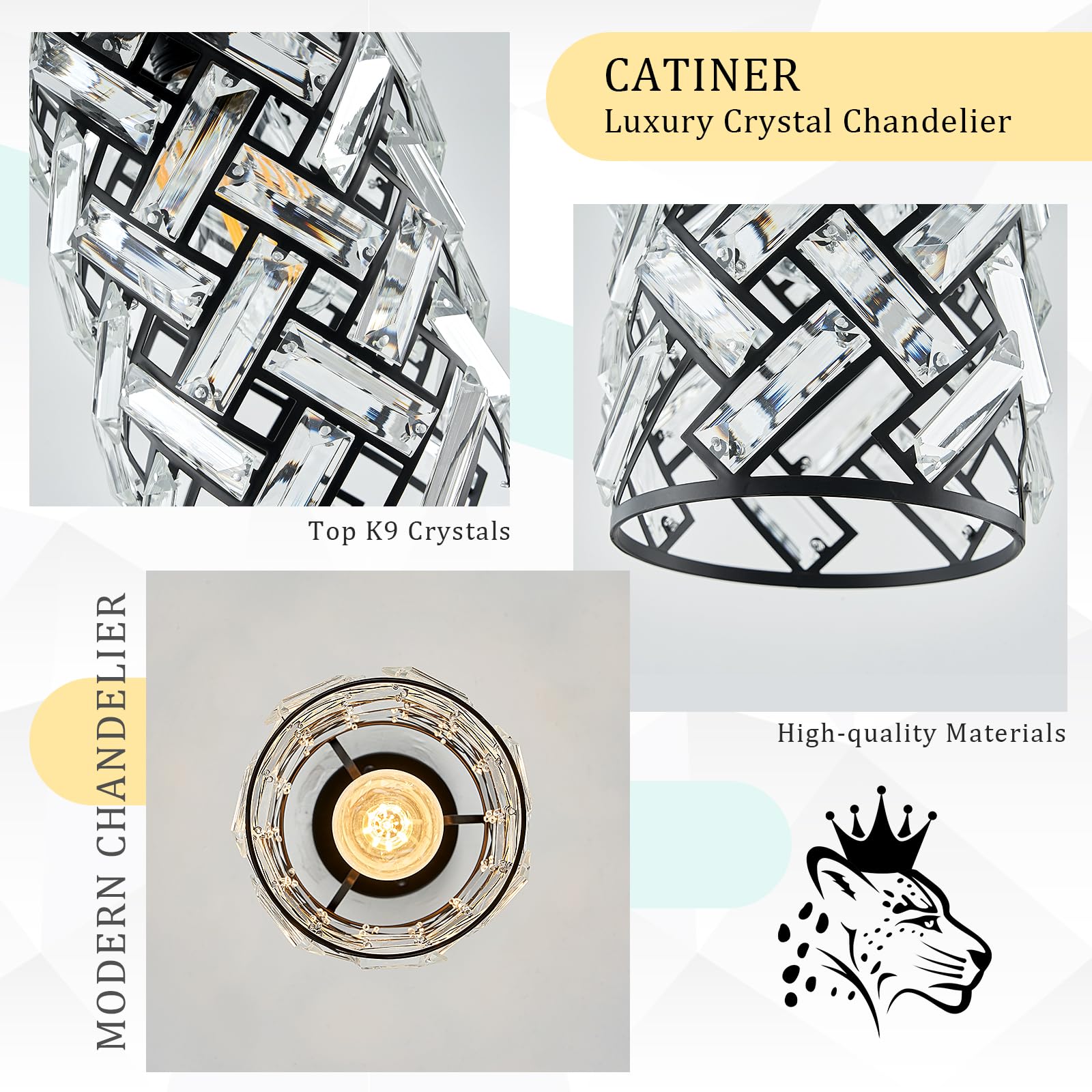 Catiner Modern Black Crystal Pendant Light Fixture - Mini Chandelier For Kitchen Island, Dining Room, Living Room, Hallway, Porc