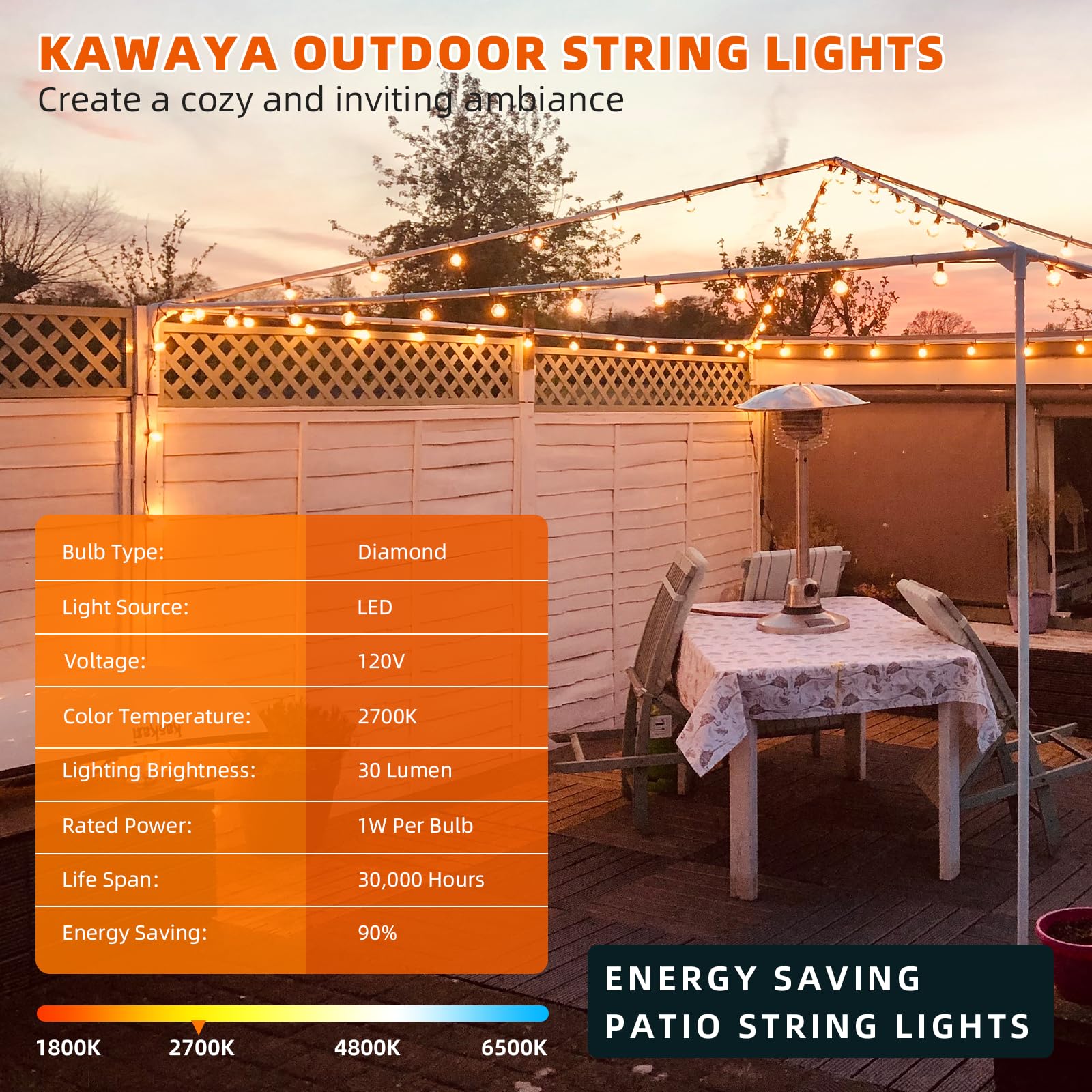 Kawaya Outdoor String Lights - LED Waterproof 300FT Black with 146+4 G40 Shatterproof Globe Bulbs - Model 12-25