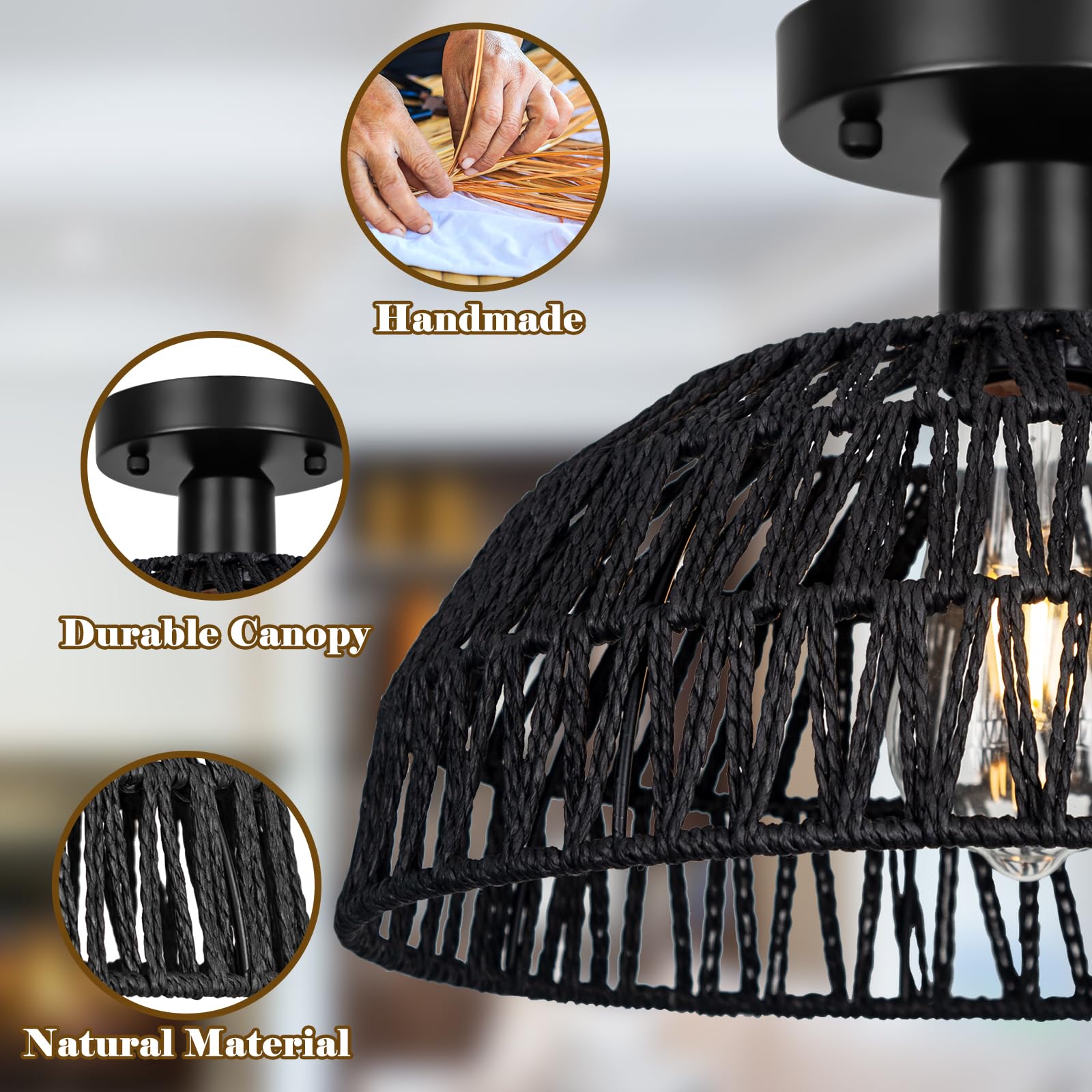 Rattan Ceiling Light Fixtures 2 Packs-Black Rustic Woven Basket Flush Mount Ceiling Light, Handmade Wicker Ceiling Lamp, Rattan