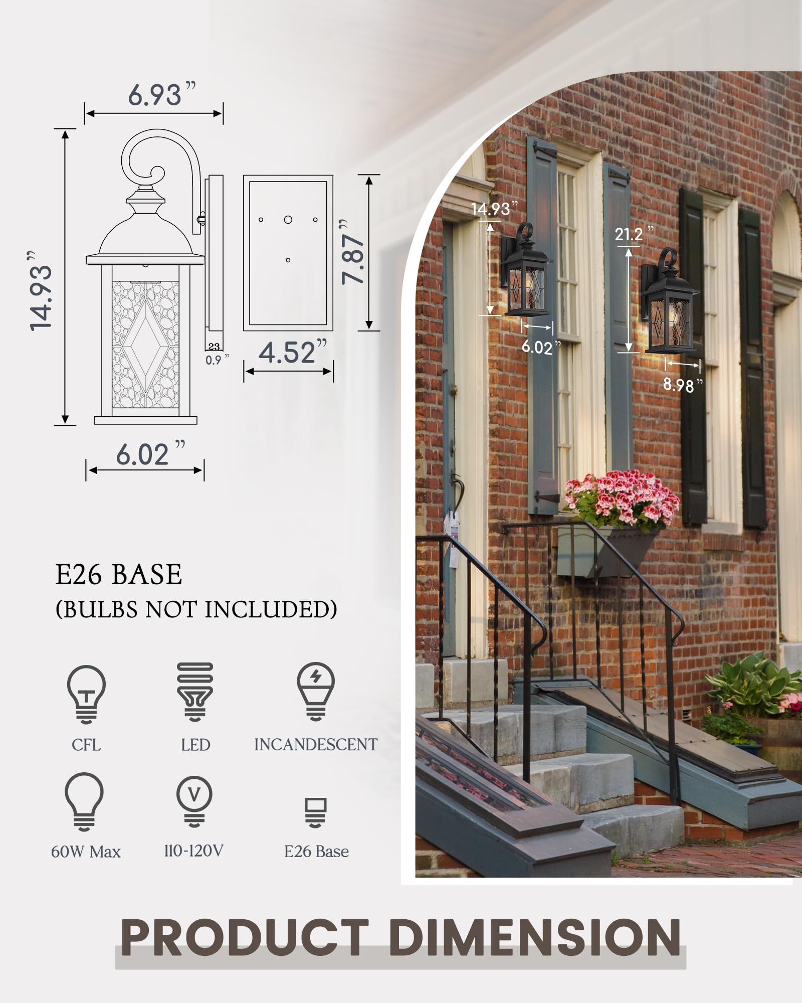 Femila 15'' Exterior Wall Sconce, 2-Pack Outdoor Waterproof Wall Lights Fixture, E26 Socket Wall Lantern For Porch, Anti-Rust Ma