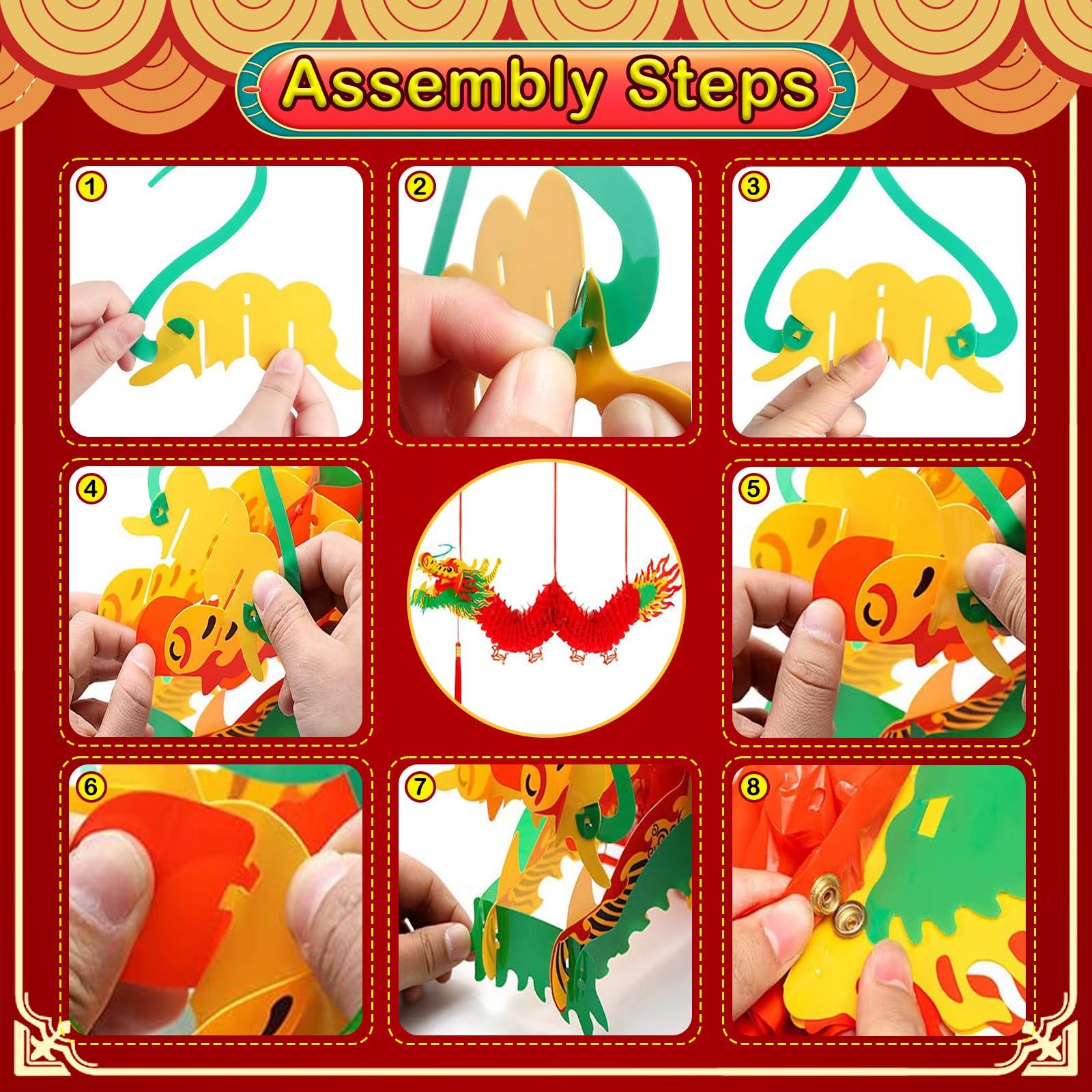 Peywot 3D Chinese Dragon Decoration Set with 12 Red Lanterns, Plastic Paper, Spring Festival, Lunar New Year 2026