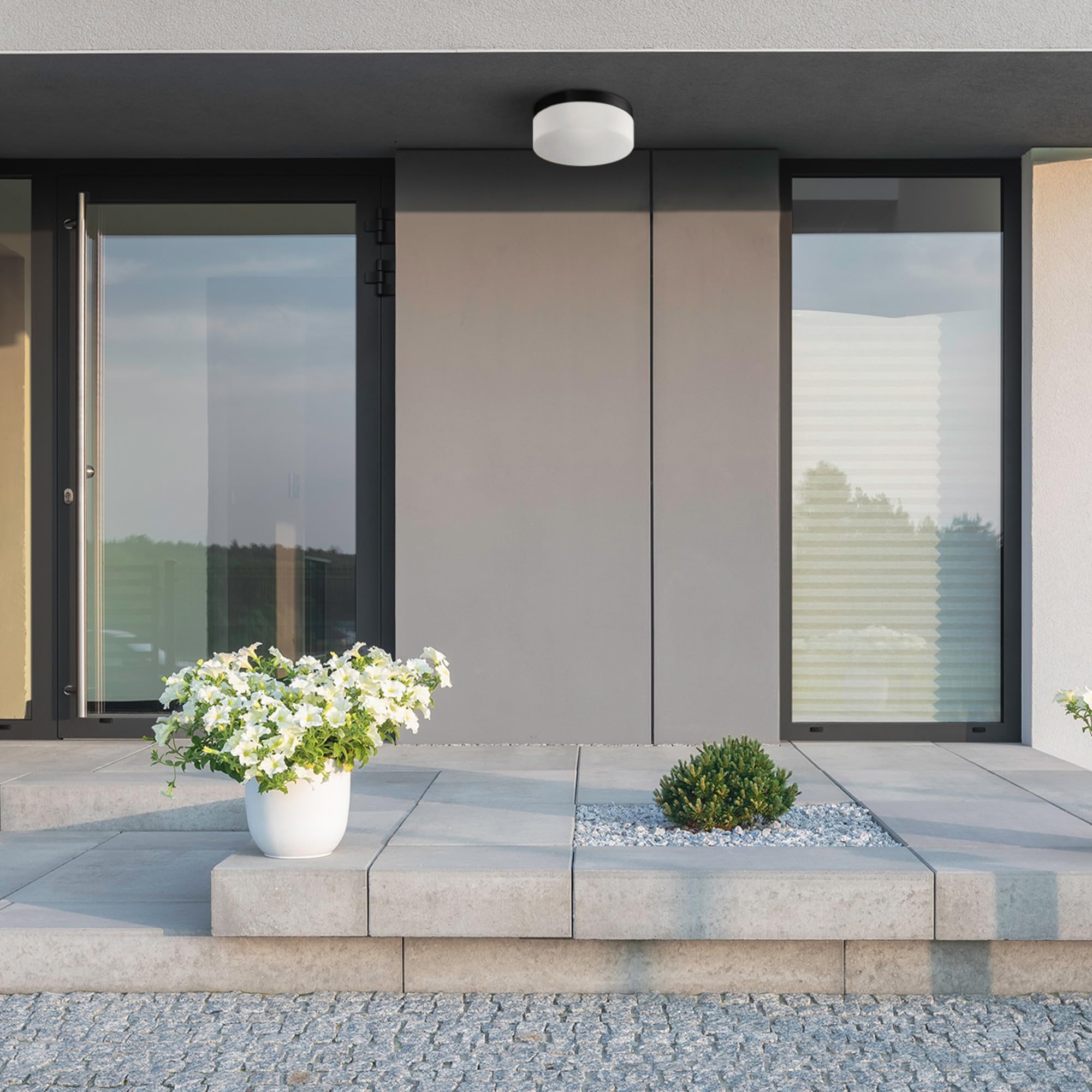 Globe Electric 44658 Mark Led Integrated Outdoor Flush Mount Ceiling Light, Black, Frosted Glass Shade, 2000 Lumen