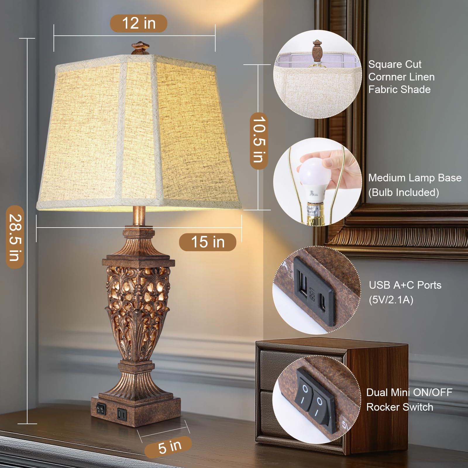 28.5'' Vintage Bronze Table Lamps Set Of 2 With Night Light,Lamps For Nightstand With Beige Linen Cut Corner Shade,Bedside Lamp