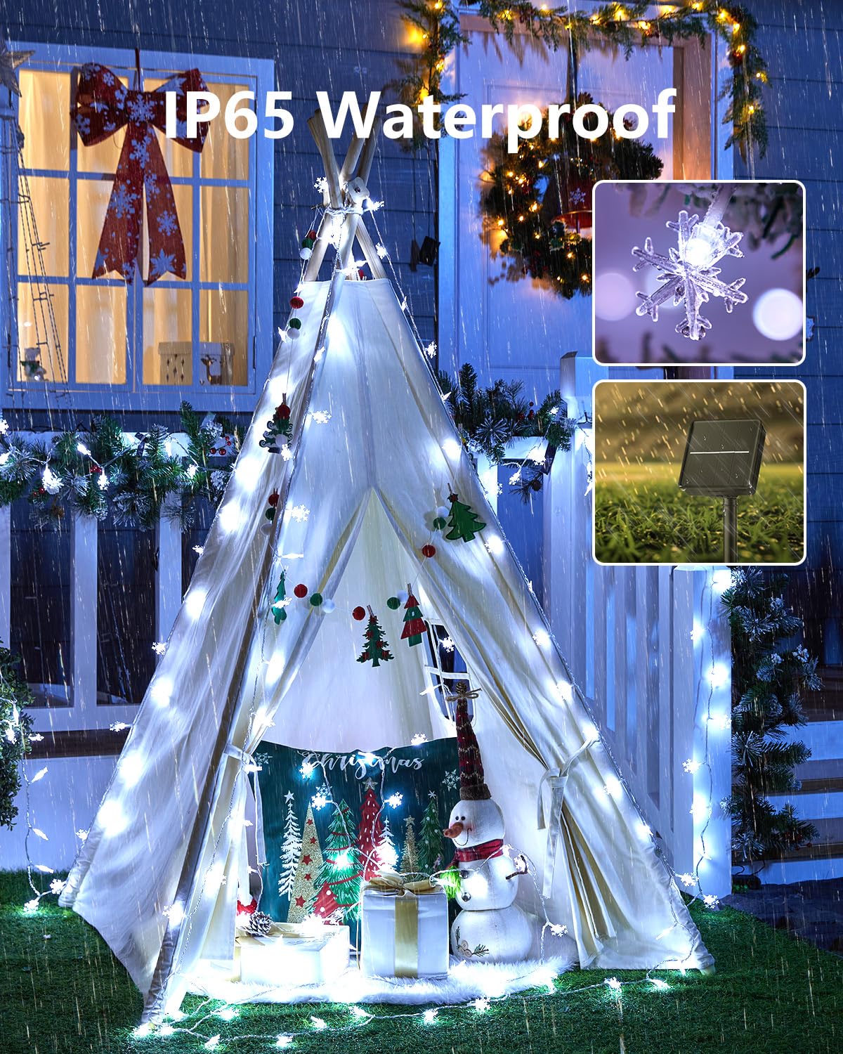 Brightown Solar Snowflake String Lights, 72FT 200 LED, Waterproof, 8 Lighting Modes, Pure White, Model SOLAR-SNOWFLAKE-200LED-PW