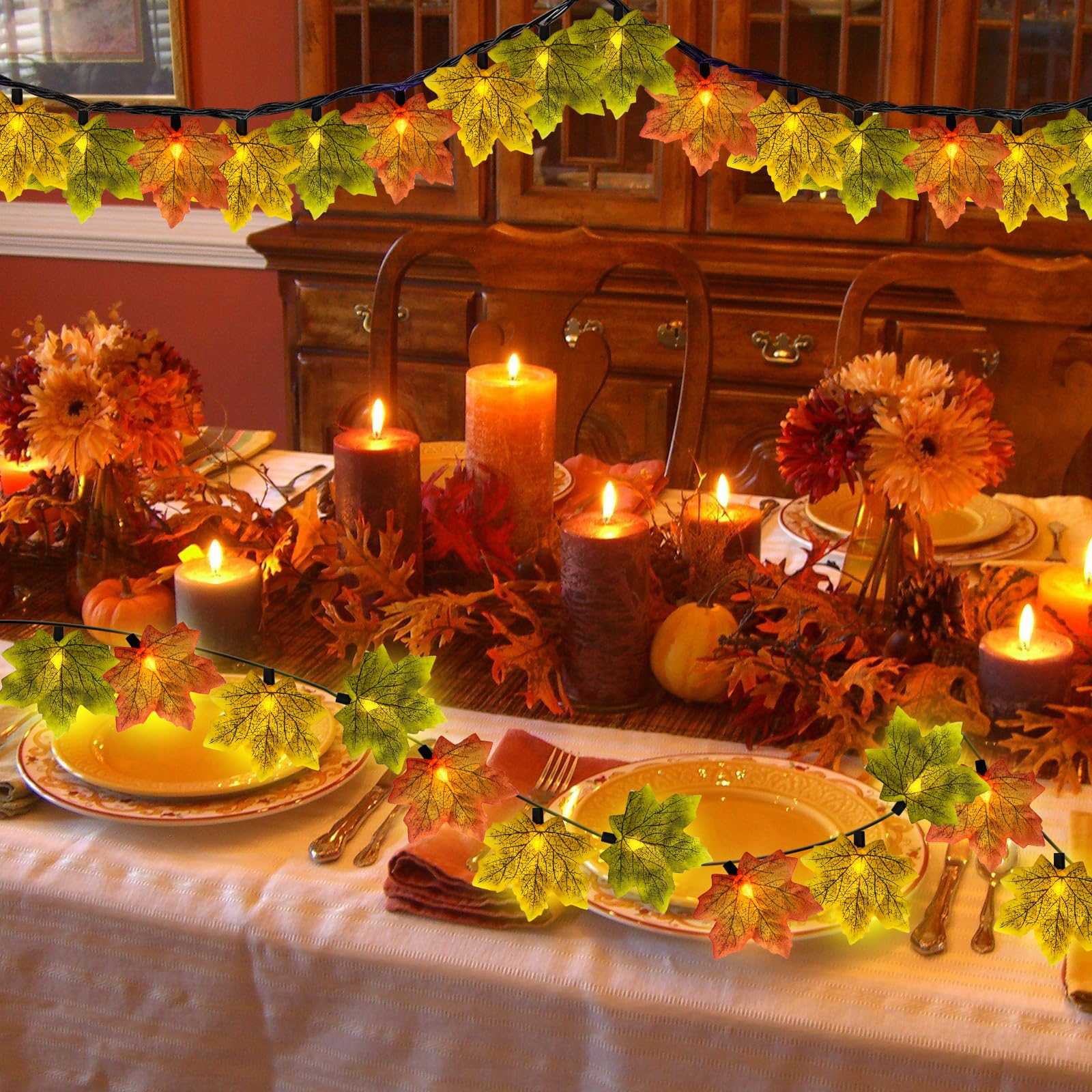 Romasaty Fall Decor String Lights, 35 Maple Leaves, 13.6FT, LED, Orange/Yellow/Green, Model LRGC-35C002