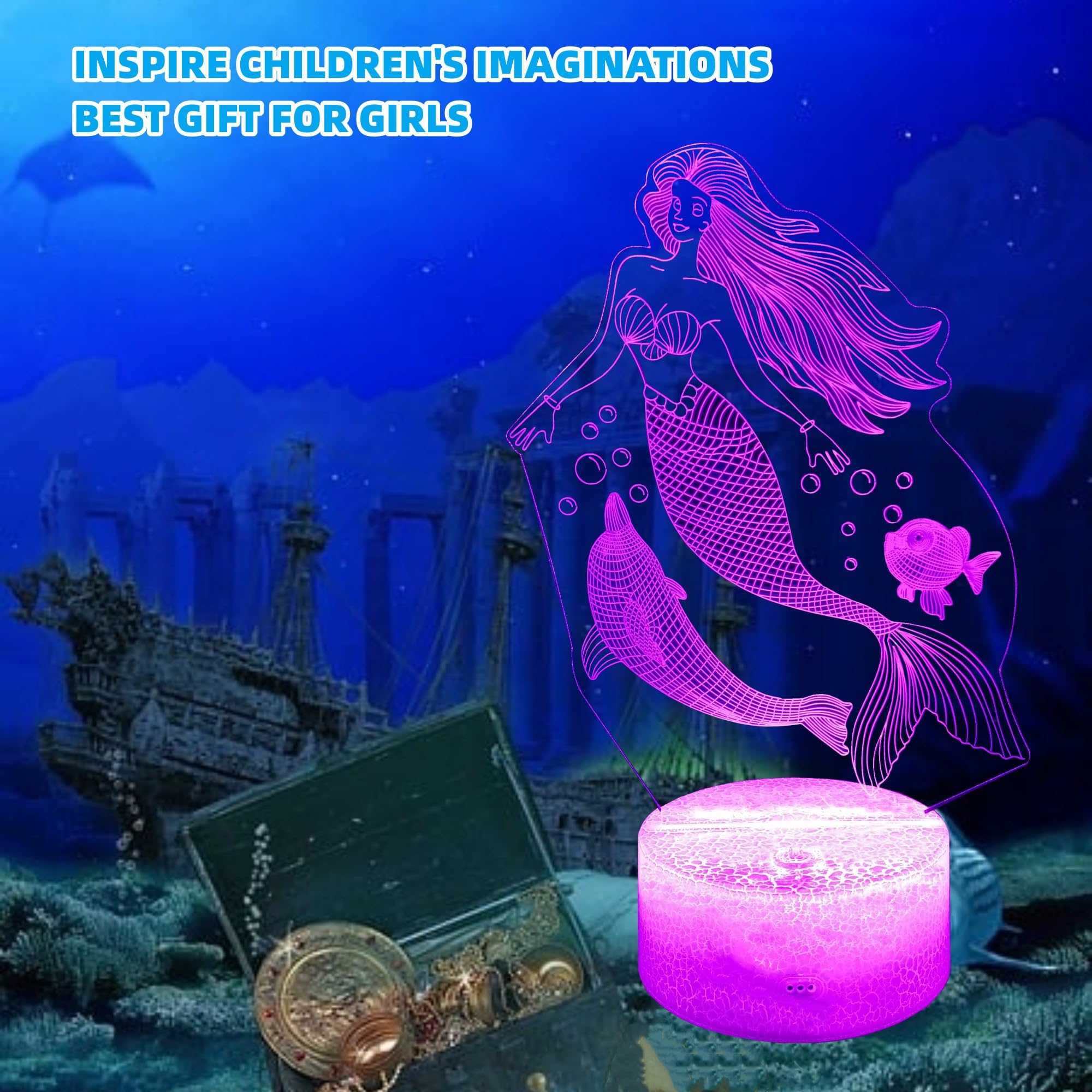 Kenmaca Mermaid Night Light For Girls Bedroom, 3D Illusion Led Lamp, 2 Patterns 16 Colors Changing Dimmable Room D  Cor Bedside,