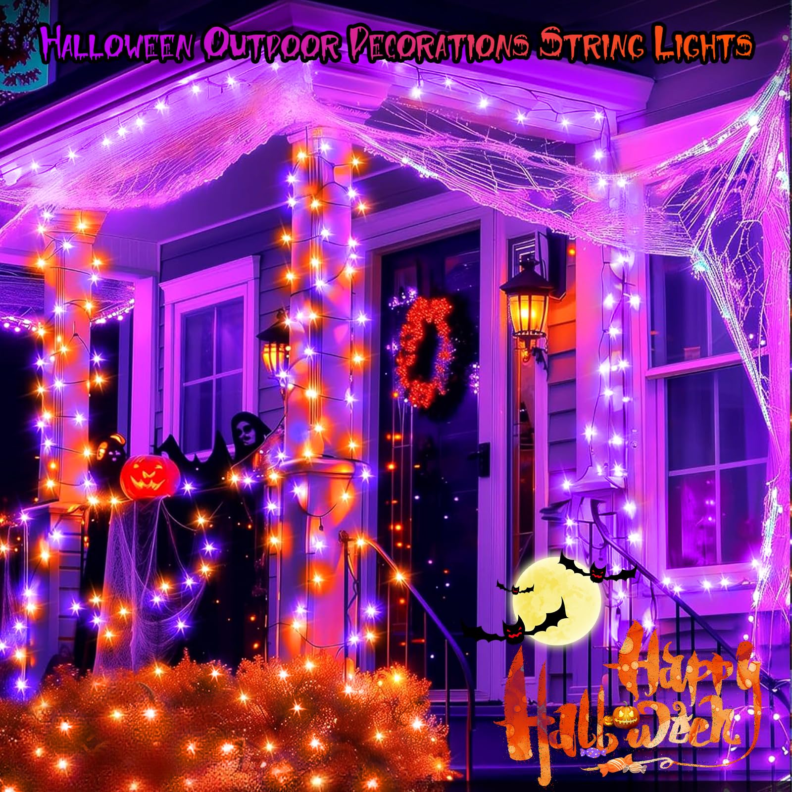 MGYIF Halloween String Lights, 200 LED, Purple and Orange, Waterproof, 8 Modes, Timer, Model CX-36V-5000LHWW