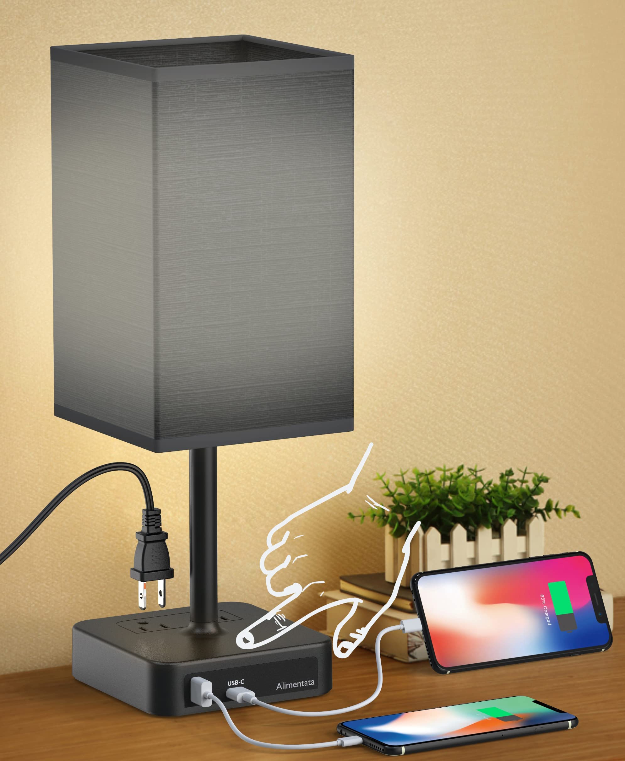 Alimentata Bedside Table Lamp with USB C & A Ports, 2 AC Outlets, Black Fabric Shade, Minimalist Design for Bedroom/Office