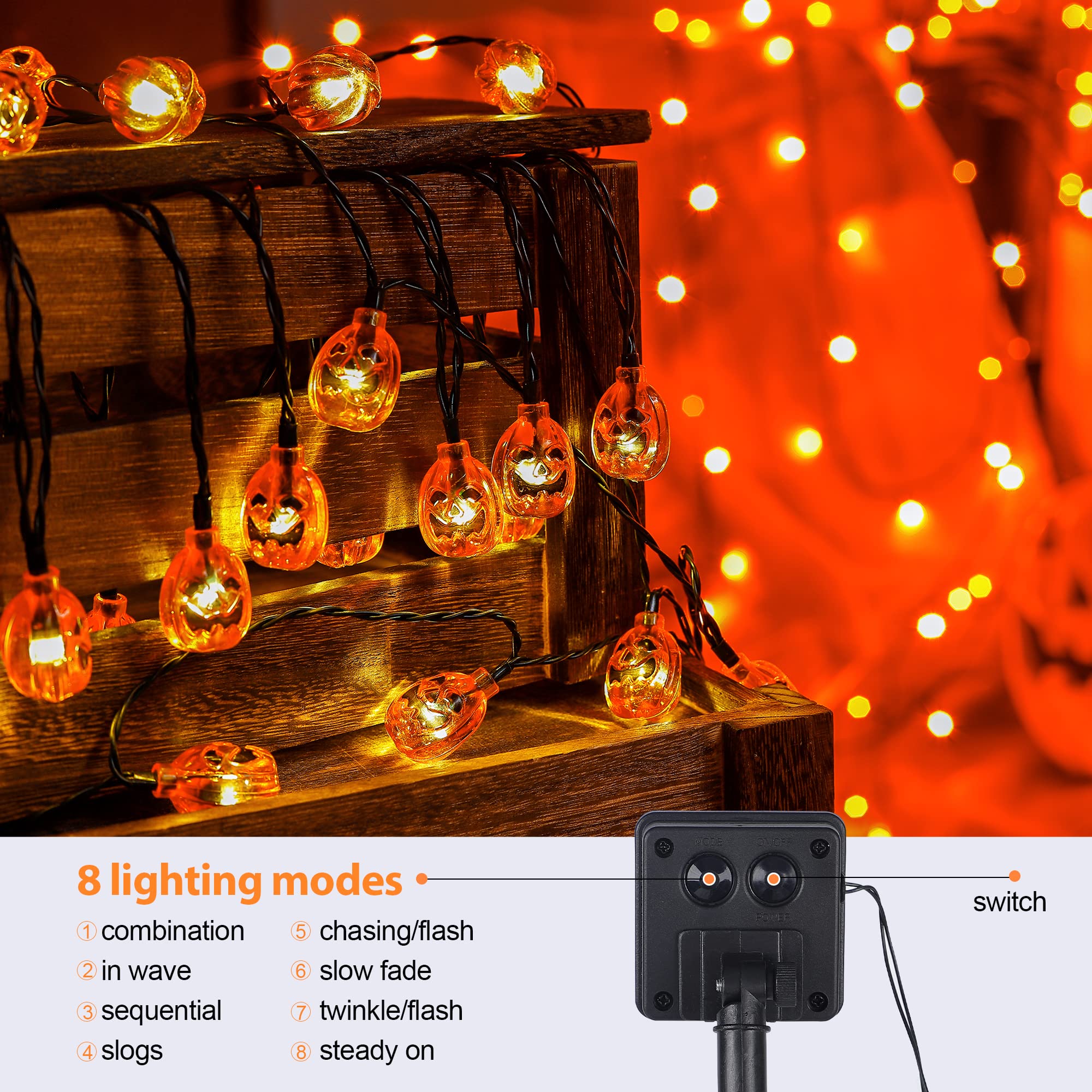 Qunlight 2 Pack Halloween Solar String Lights Outdoor,20Ft 30 Led Pumpkin Lantern Thanksgiving Halloween Decorations For Ourdoor Garden,Yard, Patio, Xmas Tree, Party, Home(Pumpkin,2Pack)