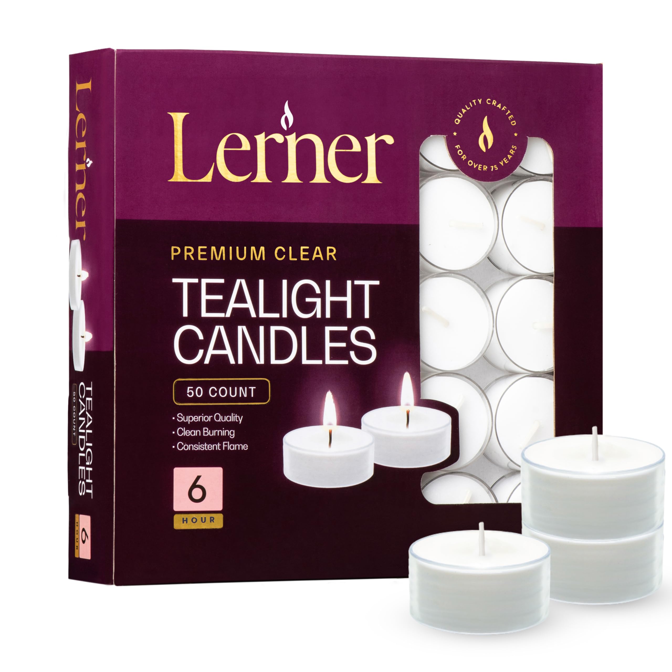 Lerner Tealight Candles, 50 Count, Long-Burning, Unscented, White, Model L00183, Non-Toxic, Smokeless, Soot-Free