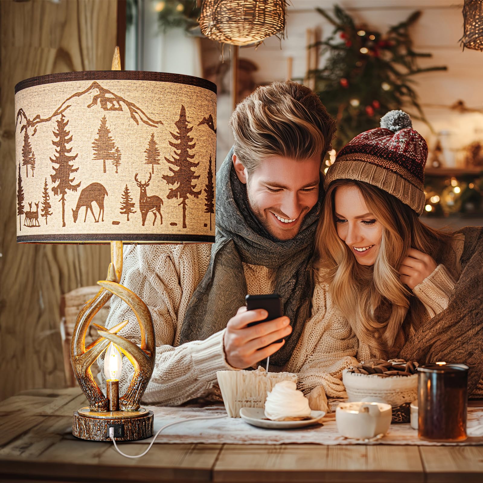 Scenekoy Antlers Style Table Lamp Set Of 2 Rustic Bedside Lamp With Night Light Linen Fabric Shade Farmhouse Nightstand Lamps Decor For Living Room Bedroom House Home Office (Bulb Included)