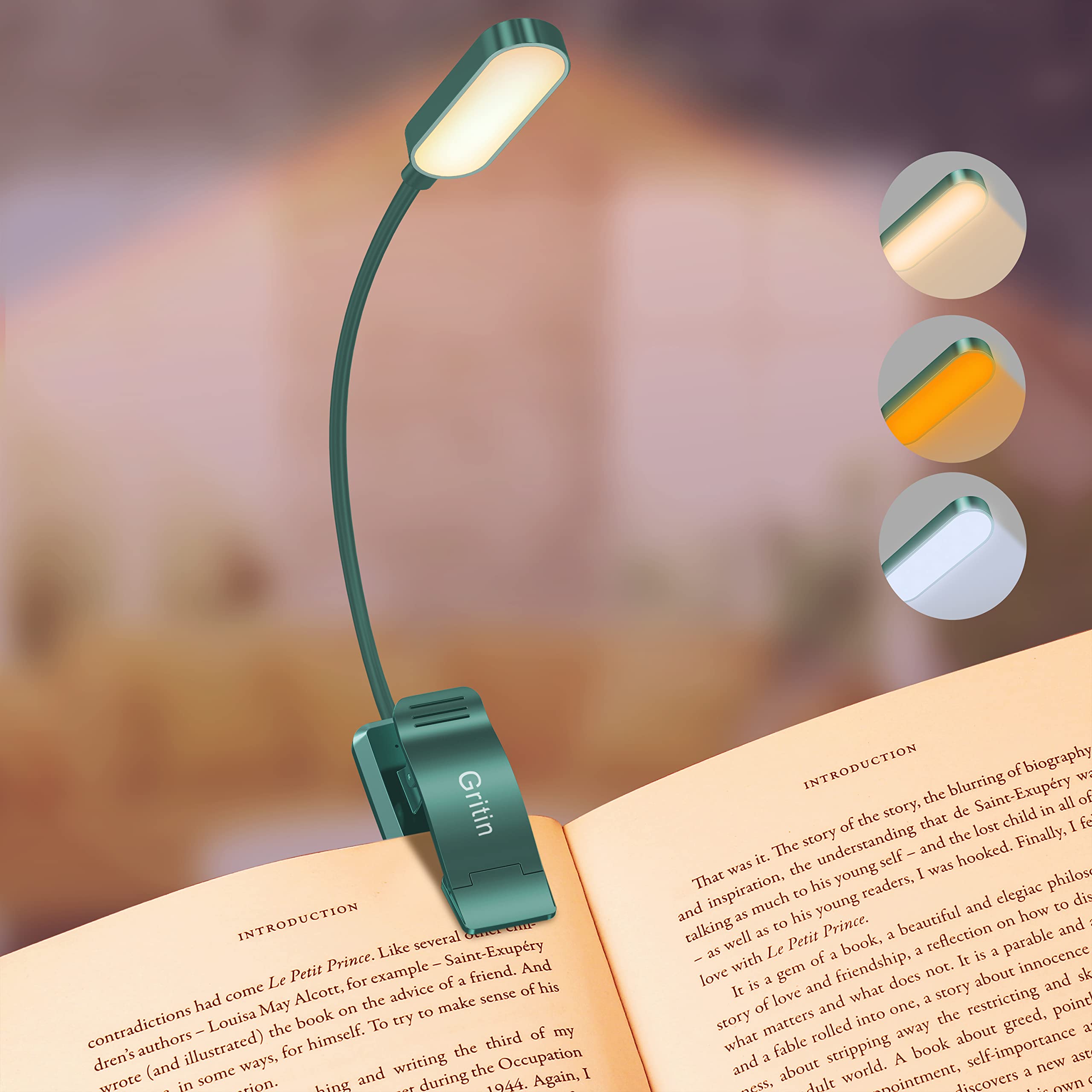 Gritin 16 LED Rechargeable Book Light, Eye-Caring, 3 Color Temperatures, Stepless Dimming, Lightweight, Green, Model G1331
