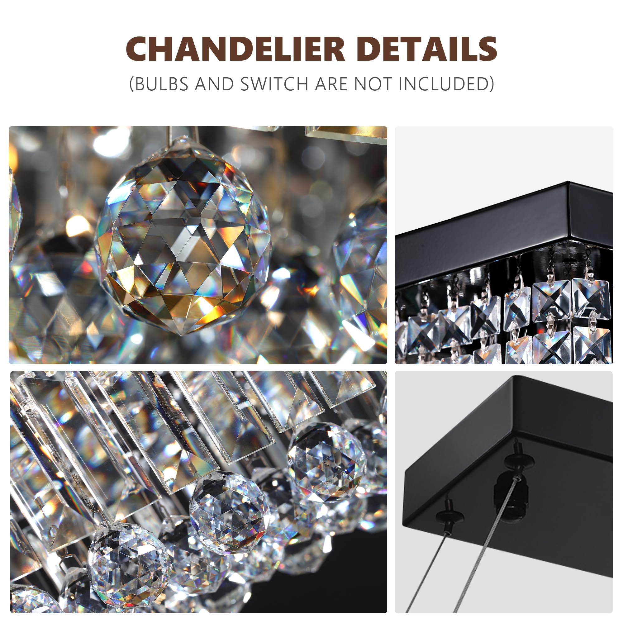 Tinkoso Modern Crystal Chandelier For Dining Room, 8-Light Black Rectangle Pendant Ceiling Light Fixture For Kitchen Island Bar,