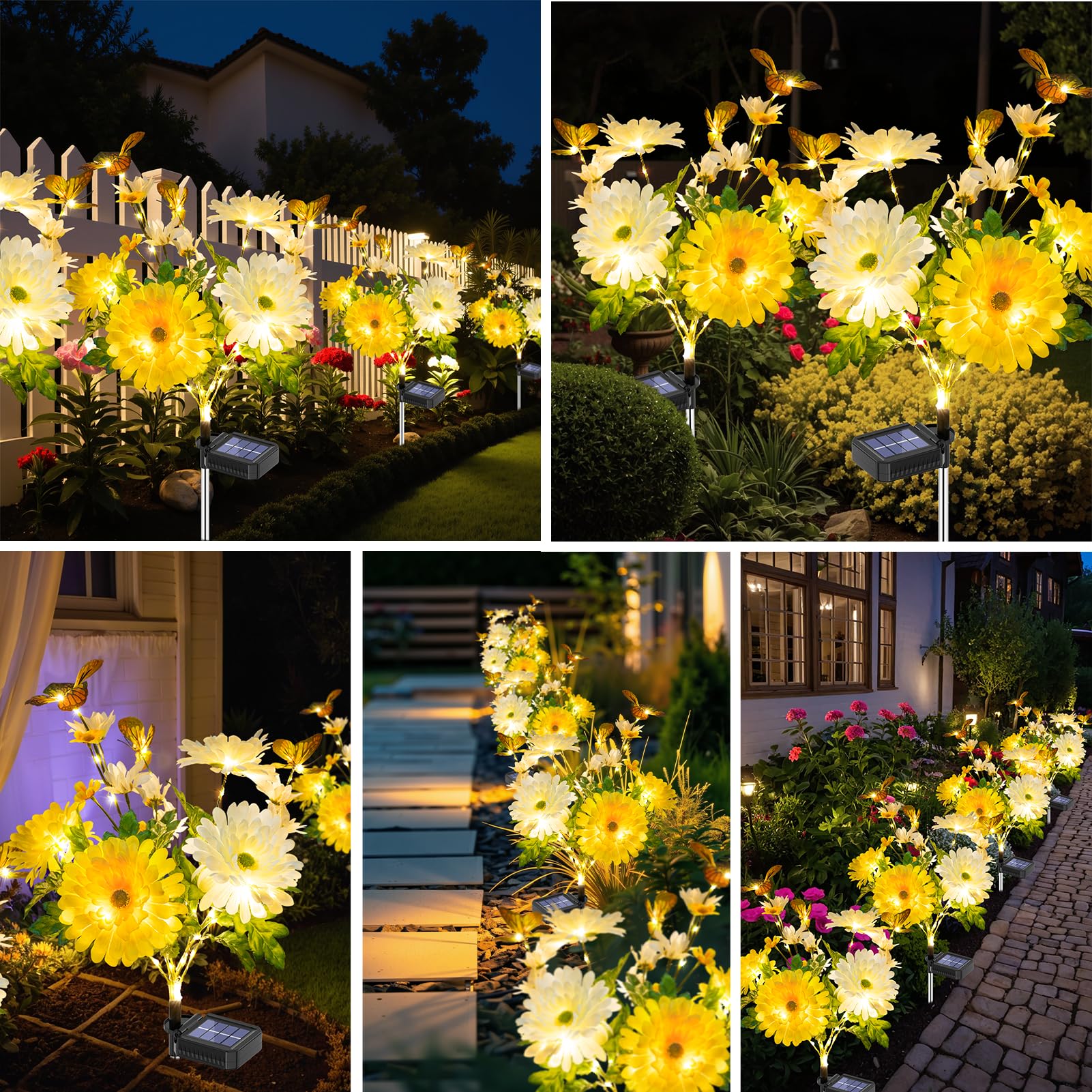 Topvelo Solar Garden Light 4 Packs  120 Leds Outdoor Solar Lighting With Daisy And Butterfly  Waterproof Outdoor Garden Light For Patio  Courtyard  Pathway Decoration (Yellow)