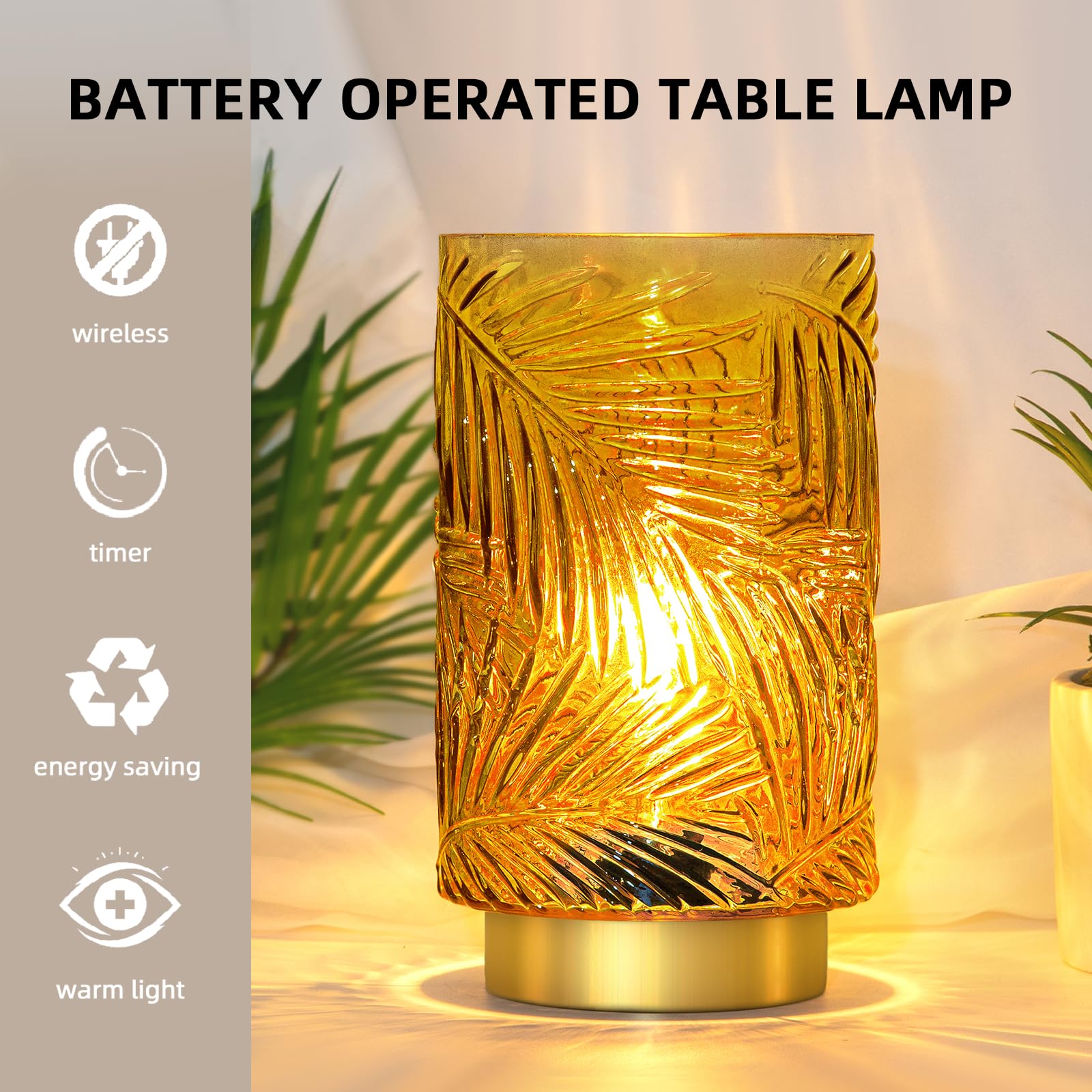 MJ PREMIER Battery Operated Table Lamp with Timer, Big Glass Nightlight, Yellow, Model 1520, Decorative for Living Room and Bedroom