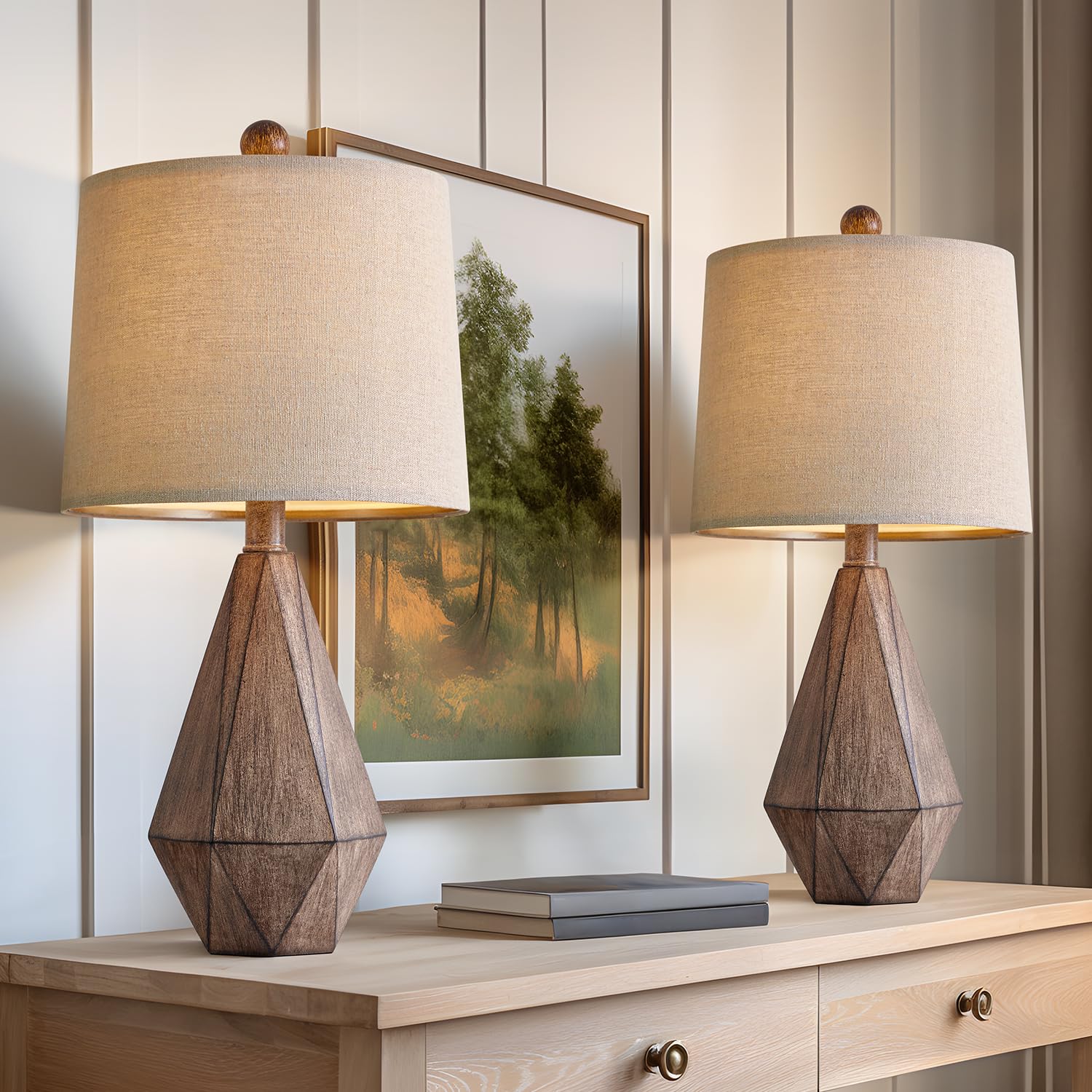 PoKat 20.25" Retro Farmhouse Table Lamp Set of 2 - Dark Wood Resin Nightstand Lamps for Living Room, Bedroom, Office