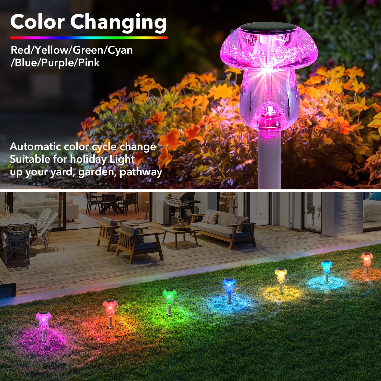 Benany Solar Powered LED Mushroom Lights, 16 Pack, Waterproof, Color Changing, Model MU008 for Garden, Yard, Landscape Decor